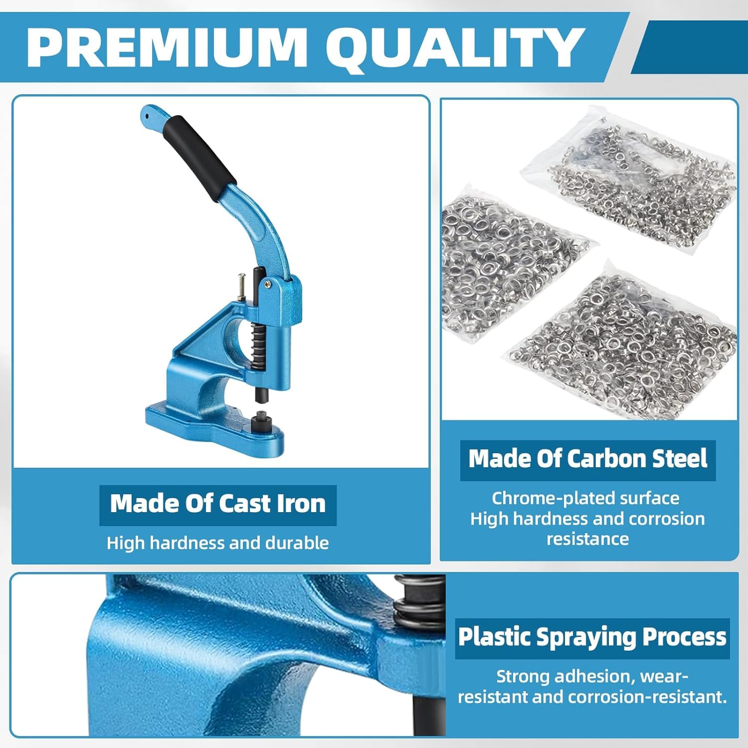 BOOMSTART Kit de perforación de ojales, máquina de ojales de 6, 10 y 12 mm, máquina de ojales de presión manual resistente con juego de perforadores y 1500 ojales plateados para lonas, cortinas