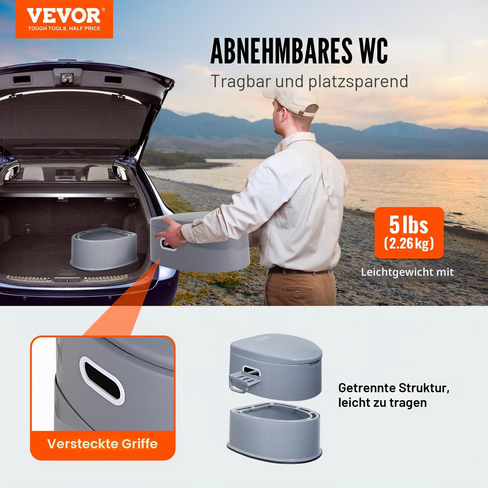 VEVOR 5 L Campingtoilette mit Toilettenpapier- und Handyhalter, Tragbare Campingtoilette 500 x 467 x 400 mm Reisetoilette Nottoilette Weiße Toiletten 136,1 kg Gewichtstragfähigkeit Wohnmobiltoilette