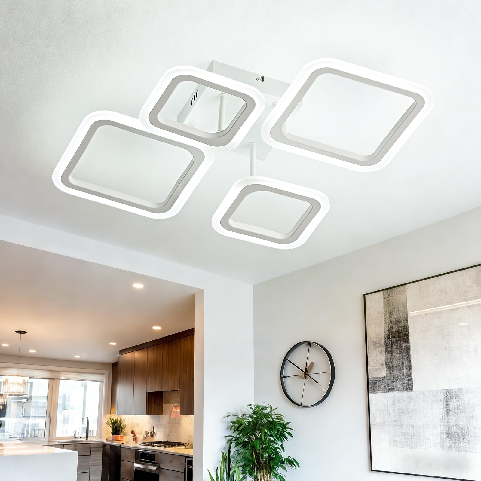 OKELI Plafoniera LED Soffitto Moderna, Lampada da Soffitto 24 W con 4 Elementi Quadrati in Acrilico, Grande Lampadario da Soffitto per Soggiorno, Camera da Letto, Cucina, 6000 K