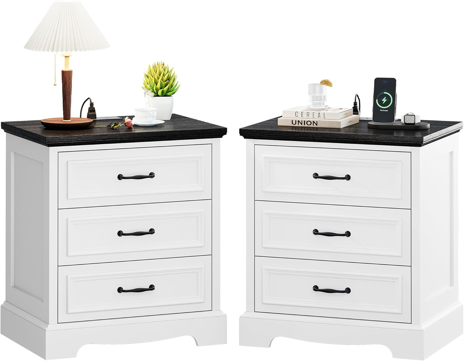 Farmhouse Nightstand Set of 2, Wood Night Stand with 3 Drawers and Charging Station Modern Bedside Table for Bedroom End Side Table Storage Cabinet Small 6 Drawers Dresser (2)