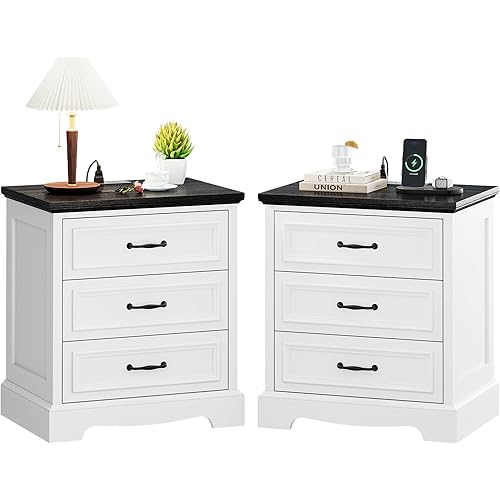Farmhouse Nightstand Set of 2, Wood Night Stand with 3 Drawers and Charging Station Modern Bedside Table for Bedroom End Side Table Storage Cabinet Small 6 Drawers Dresser (2)