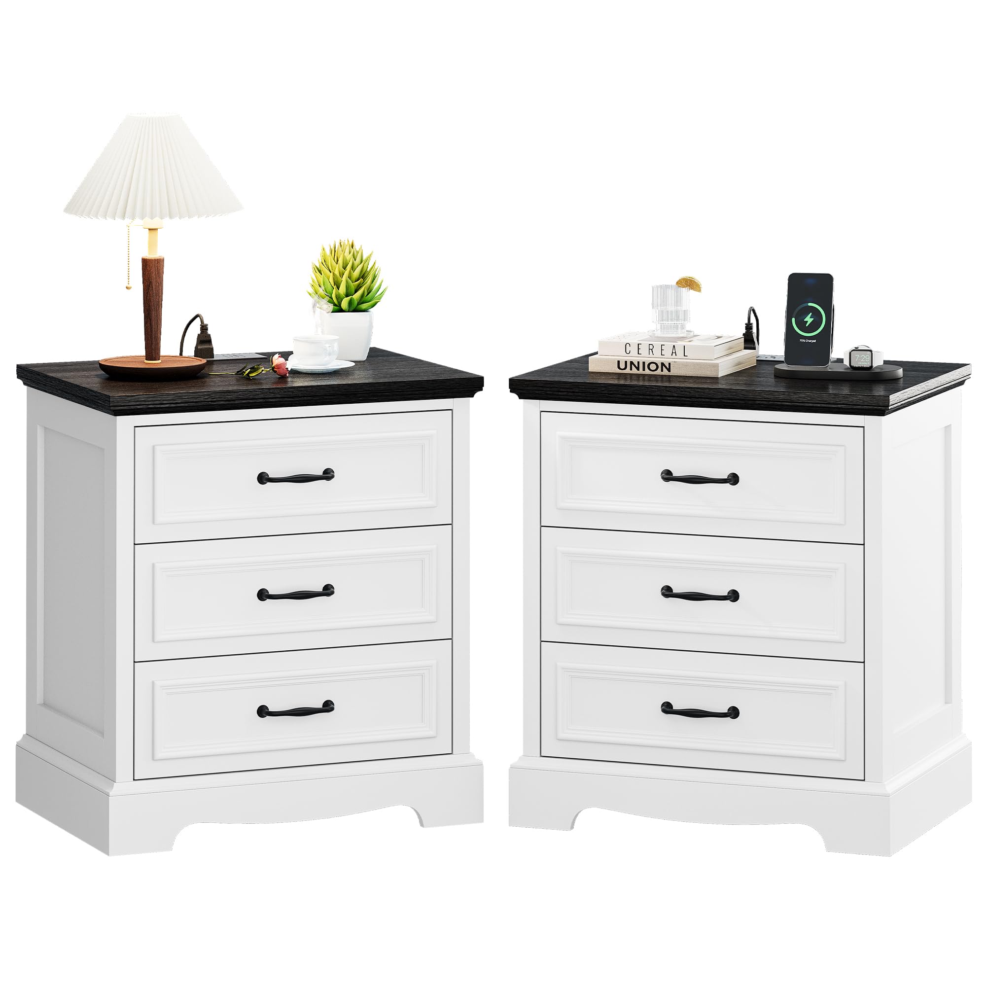Farmhouse Nightstand Set of 2, Wood Night Stand with 3 Drawers and Charging Station Modern Bedside Table for Bedroom End Side Table Storage Cabinet