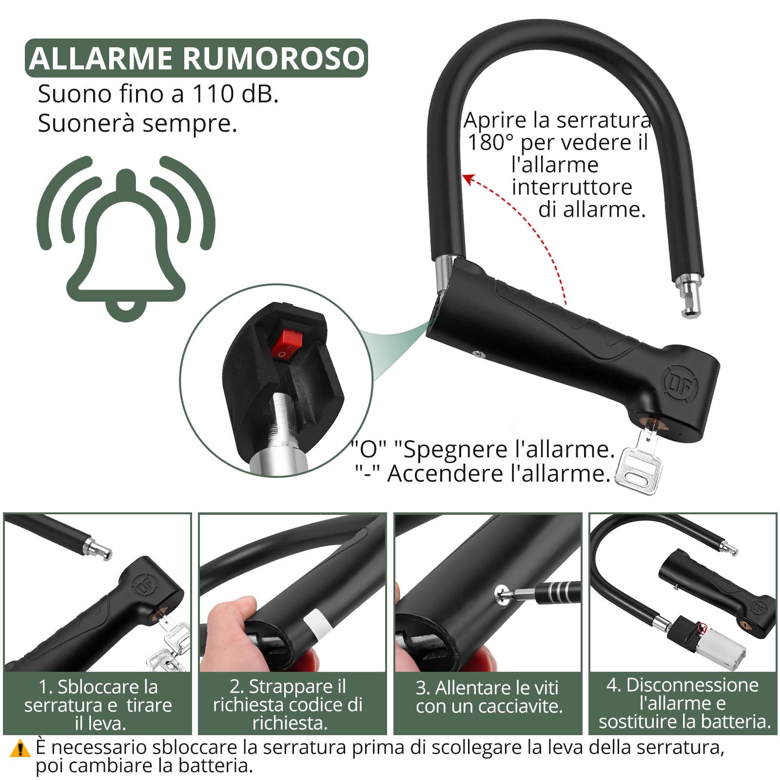 EYPINS Lucchetto a U con 110dB Allarme Resiste a 20 Tonnellate di Cesoie Idrauliche Antifurto e Allarme Impermeabile,con Chiave e Batteria per Bici, Scooter, Moto