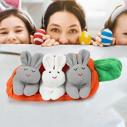 Miniatura 6 de Hide and Seek - Conejitos en bolsa de zanahoria, conejito de Pascua, 3 piezas, muñeca de peluche de conejo en bolsa de almacenamiento con