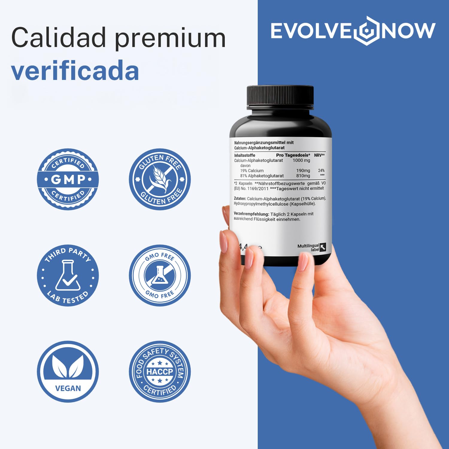 Evolve Now CaAKG – Alfacetoglutarato de calcio – 120 cápsulas veganas – Alta dosis – 1000 mg dosis diaria – Probado en laboratorio y libre de aditivos