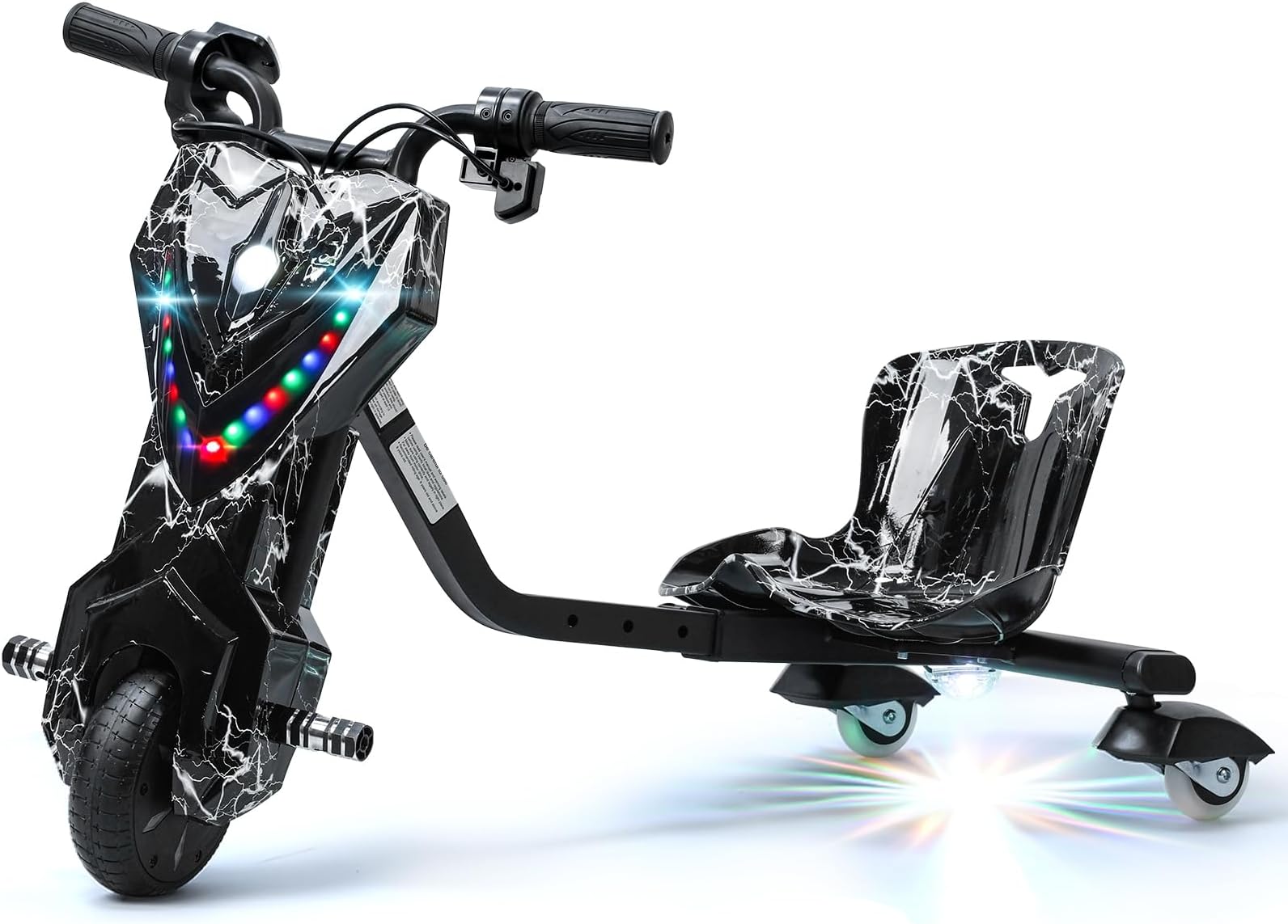 Drift Trike, Electric Drift Trike, Big Wheel Drifting Tricycle for Ages 8+ with Strong Steel Frame, Ride-On Kids Tricycle with Adjustable Seat & Multi-Color LED Lights, Ride-On Kids Bike Black White