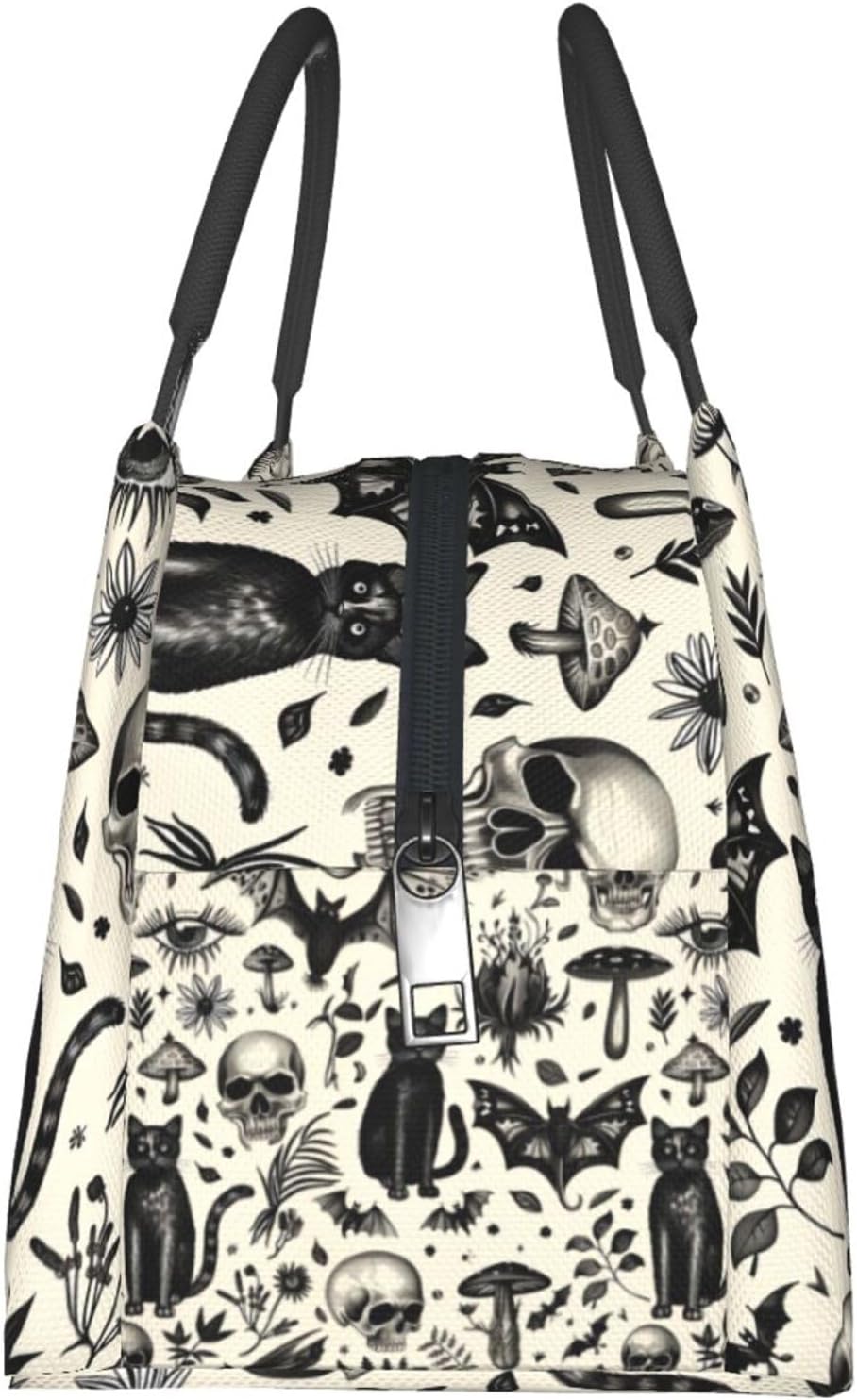 Gothic Skull Cat Reusable Lunch Box, Goth Kitten Lunchbox for Adults Women, Insulated Lunchbag, 11in*6.3in*6.7in, Gifts Makeup Bag, Mushroom Portable Handbag for Picnic Work Travel Beach Hiking