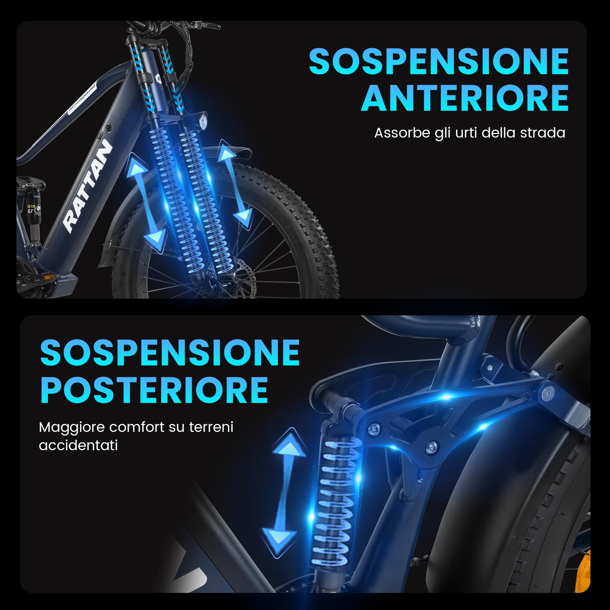 Rattan Pathfinder PRO Bicicletta Elettrica da 26" Fat Tire per Adulti, 48V 18Ah 864Wh, Autonomia Fino a 120km, Freni e Sospensioni Idrauliche, 7 Velocità