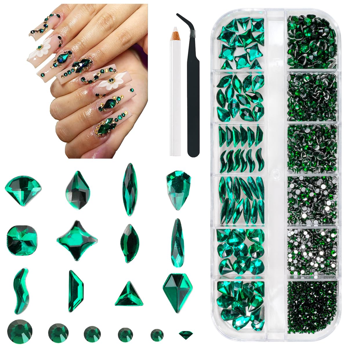 qiipii Green Nail Rhinestones Multi Shapes Emerald Green Rhinestones for Nails Flatback Nail Big Gems K9 Glass Round Beads Stones Diamonds Nail Charms