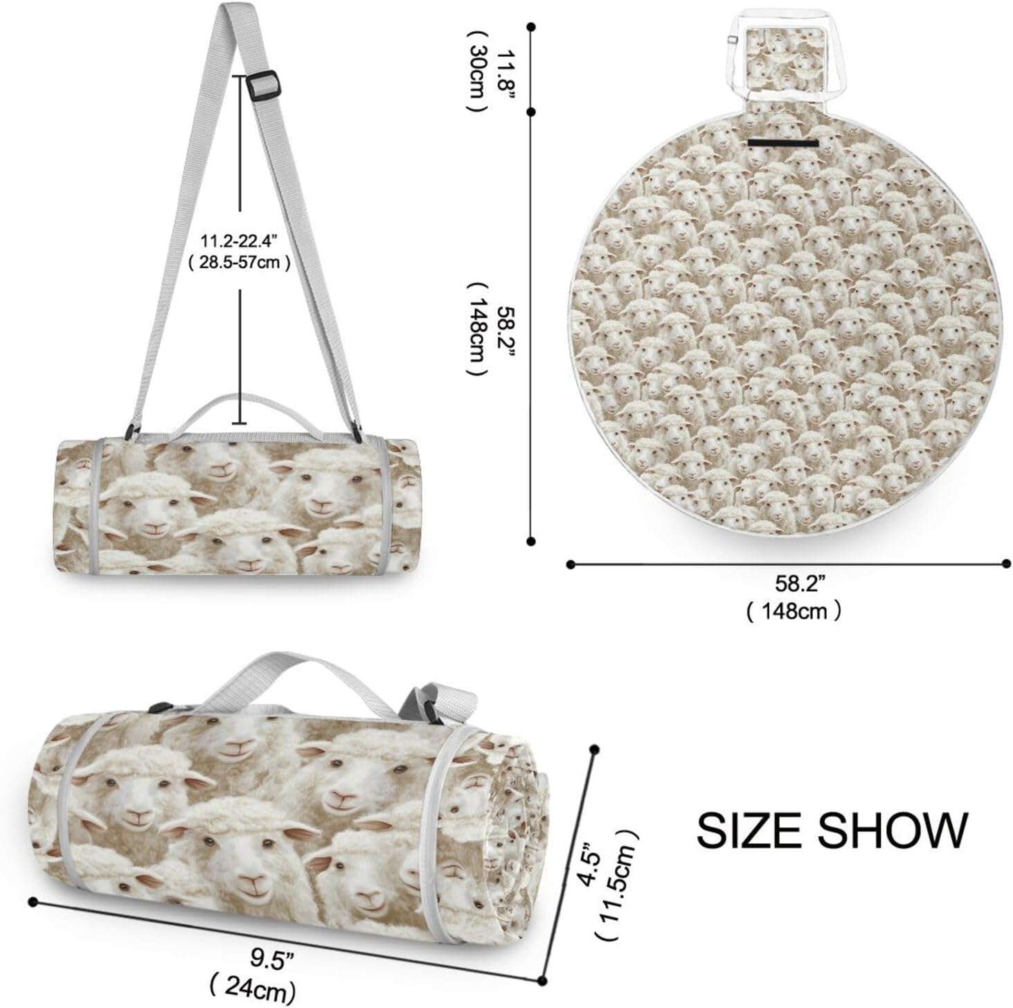 Round Outdoor Blankets - Fits 2 Adults, Summer Accessories Water-Resistant Beach Blankets Waterproof Sandproof for Spring Summer Camping 58 in (Cartoon Sheep White)