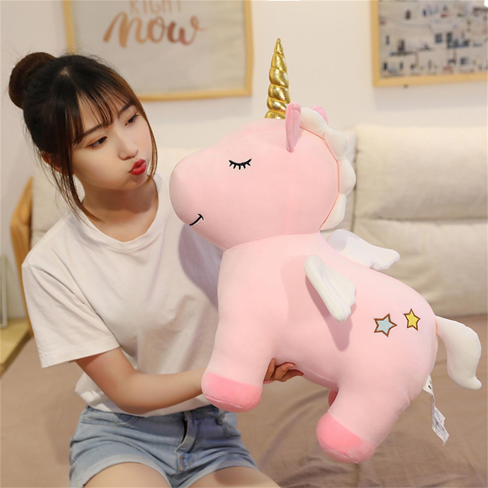 Einhorn Kuscheltier, Einhorn Kuscheltie Mit FlüGel, PlüSch Einhornsuper Sanft Samten TeddyKuscheltier, Cartoon EinhornplüSch, Geschenk FüR Kinder MäDchen-Bunt Rosa (58cm,LAN)