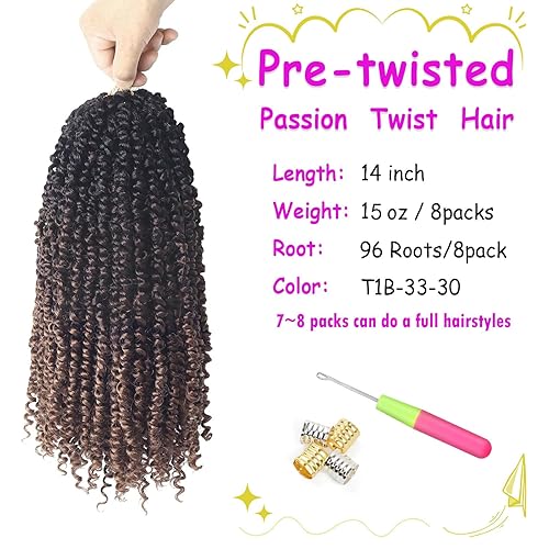 Miniatura 3 de Cabello de estilo Passion Twist ombré de 14 pulgadas, cabello de ganchillo Passion Twist para mujeres negras, trenzas bohemias pretrenzadas de