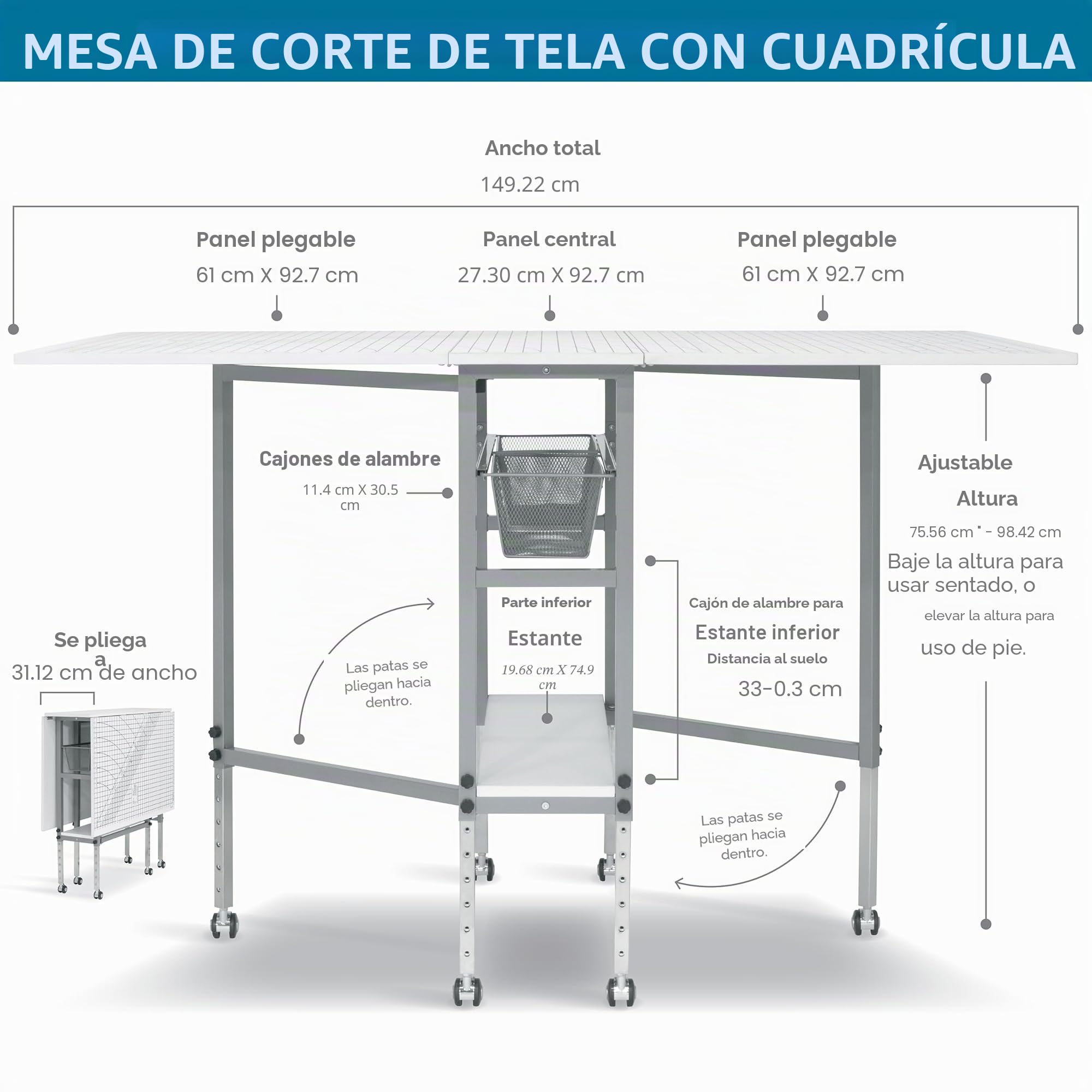 Sew Ready Mesa Plegable de 149,2 cm de Ancho x 92,7 cm de Profundidad, Mesa de Arte y Manualidades de Color Blanco con Bandeja de Rejilla y cajones Plateados