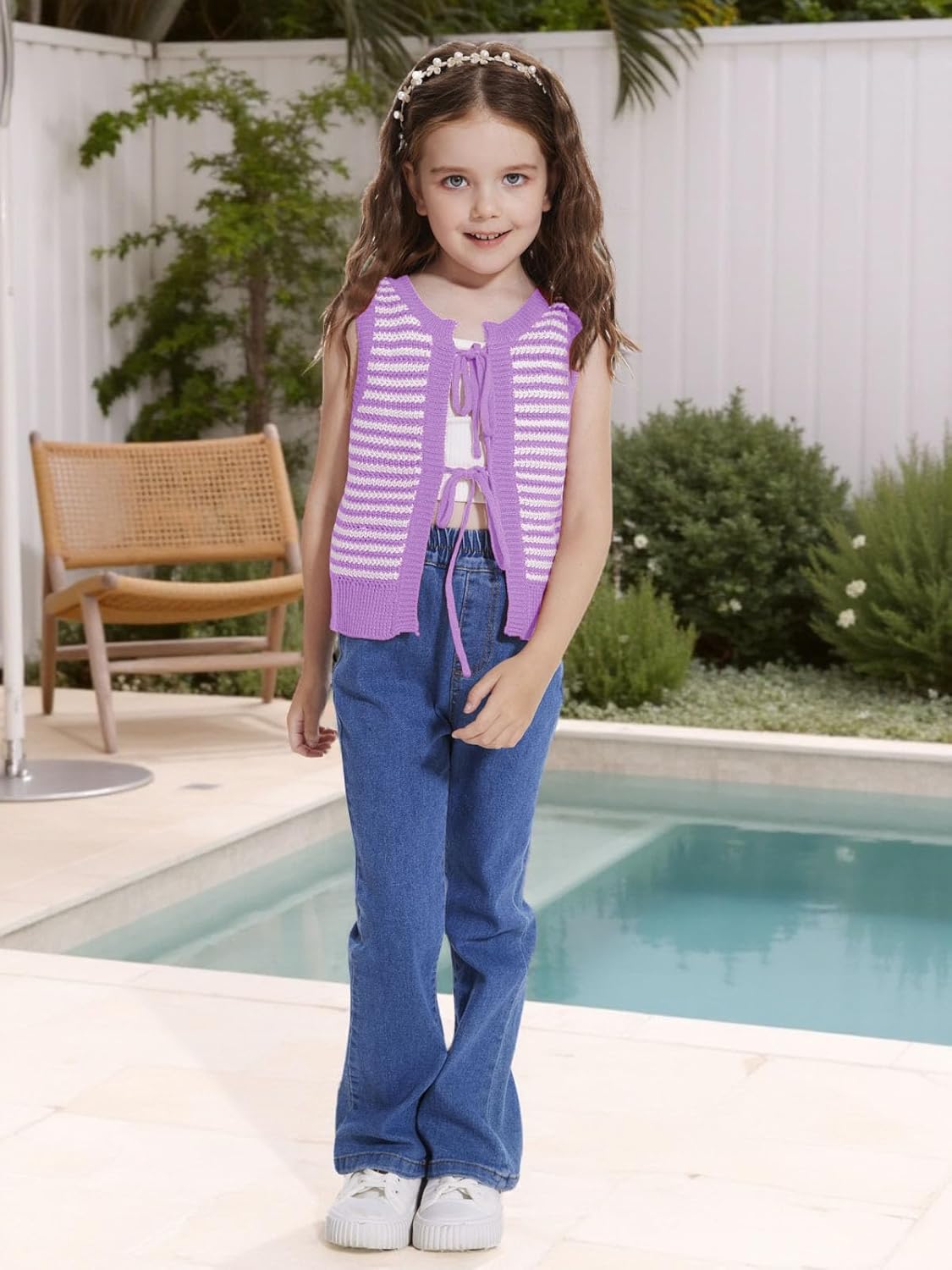 Girls Sweater Vest Kids Casual Sleeveless Crochet Tops Color Block Tie Back Knit Tank Tops - Image 3