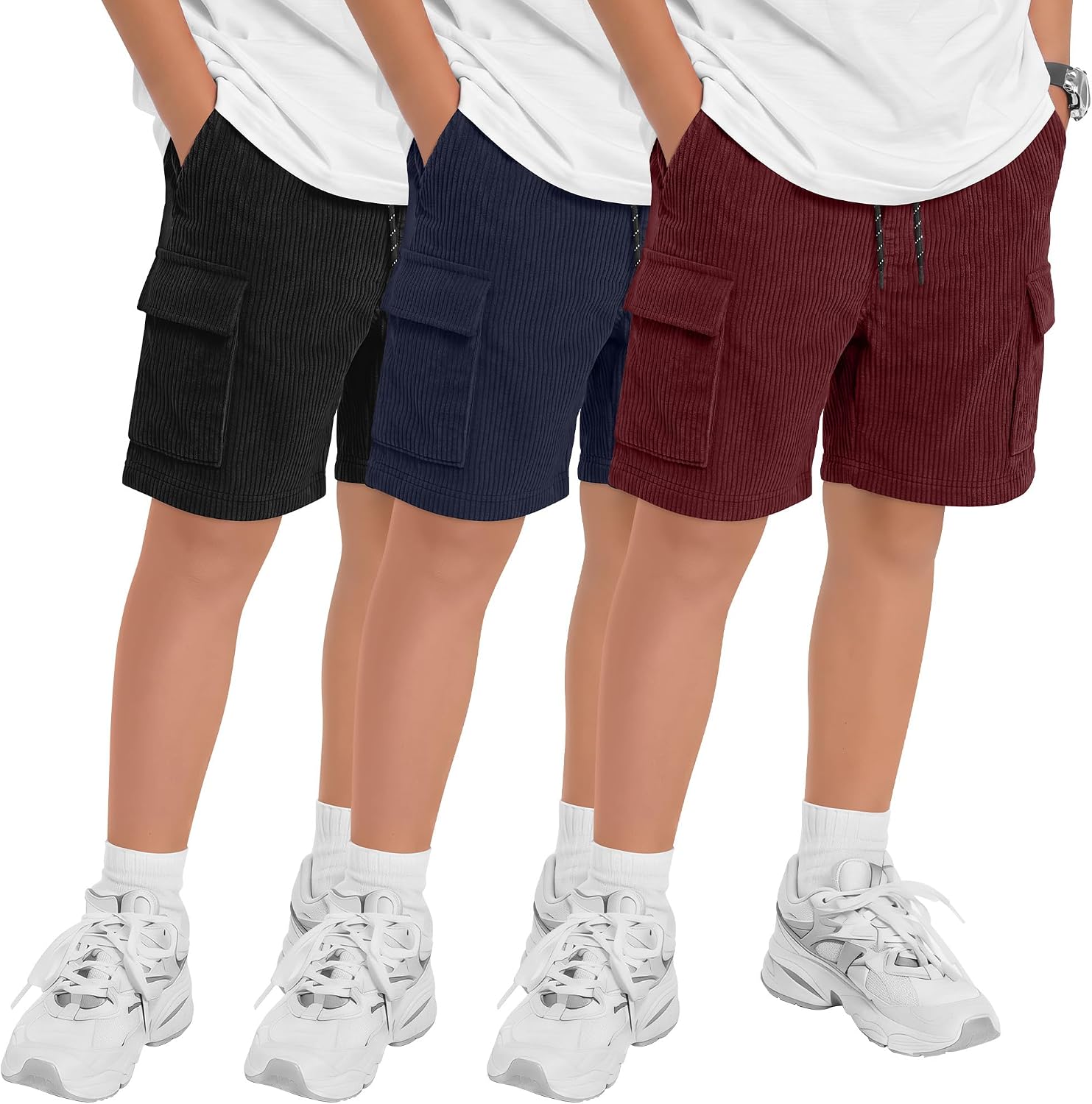 3 Pack Boys Cargo Shorts Kids Corduroy Beach Shorts Lightweight Drawstring Summer Athletic Bottoms with Pockets