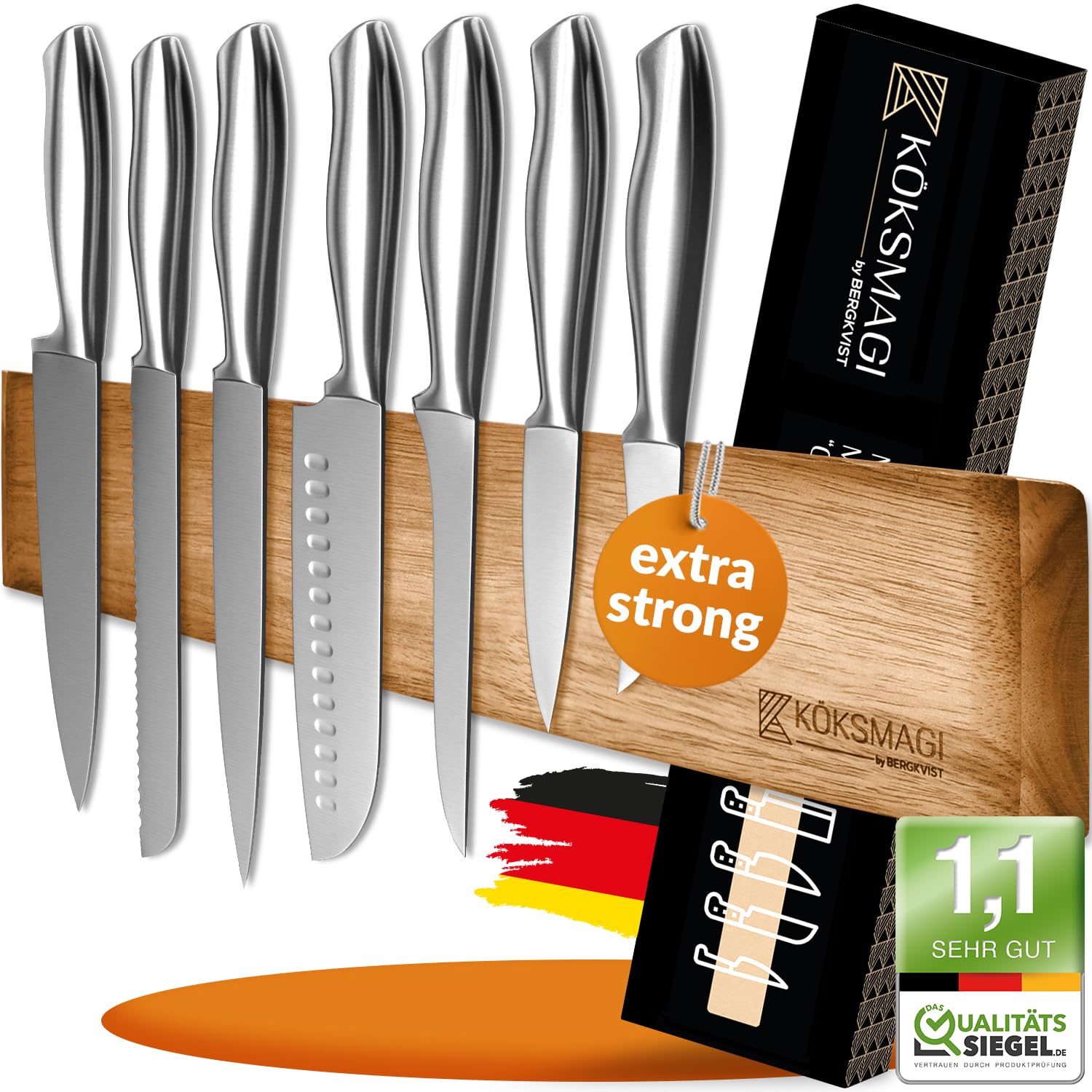 Oskar Magnetic Knife Strip (50 cm) - Magnetic Knife Rail Made of Wood with Extremely Strong Magnet for Heavy Knives - Self-Adhesive (3M Adhesive Tape) & with Accessories for Drilling