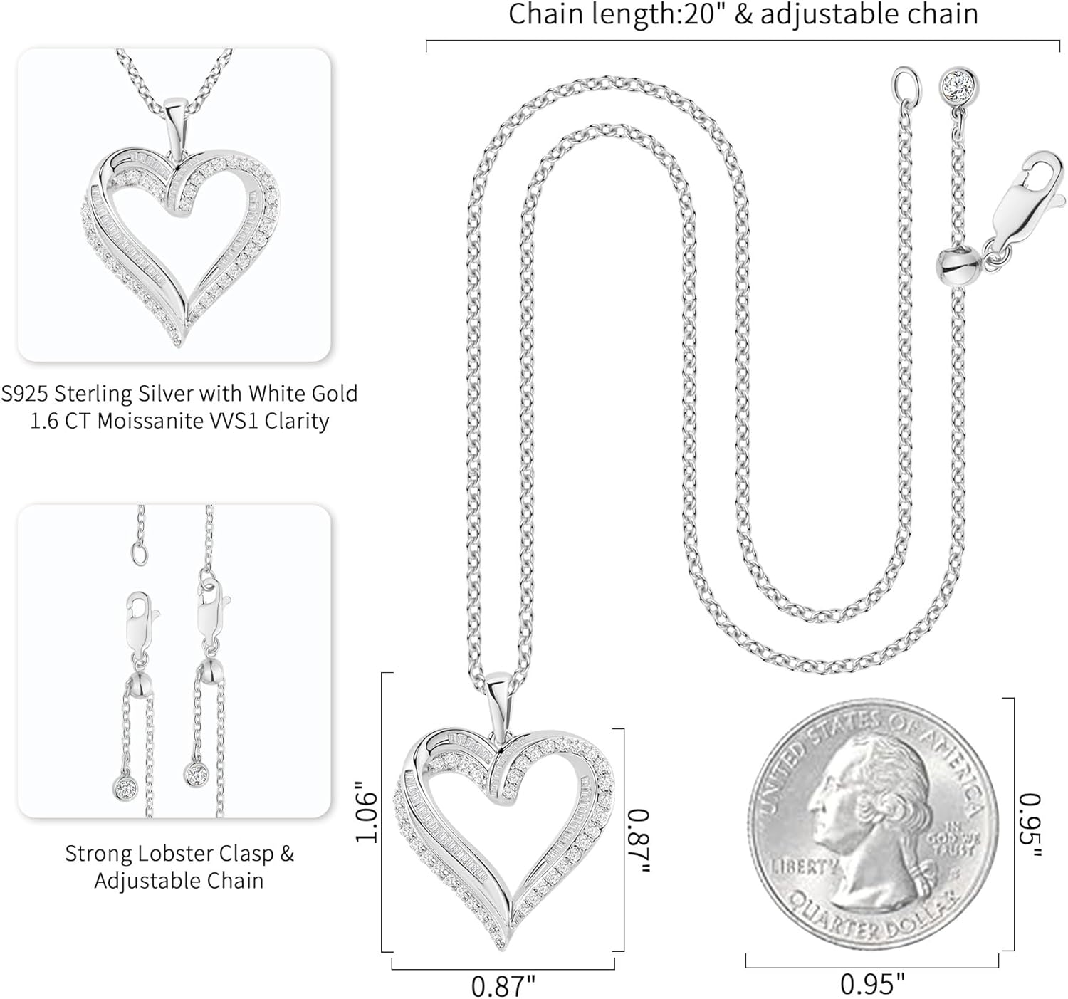 ASHINE Endless Love 1.6CT Moissanite Heart Necklace for Women, 925 Sterling Silver White Gold Plated, VVS1 Clarity Mixed-Cut Pendant - Image 5