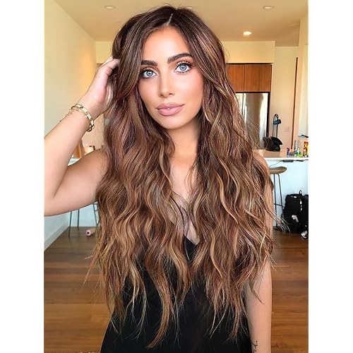 AISI BEAUTY Long Wavy Highlight Brown Wigs for Women 26 Inch Middle Part Curly Wavy Wig Natural Looking Synthetic Heat Resistant Fiber Wavy Wig for Daily Party Use
