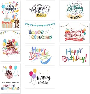 100 Pack Happy Birthday Cards - Bulk Set Includes 10 Unique Designs, 4 x 6 Inches for Kids & Adul