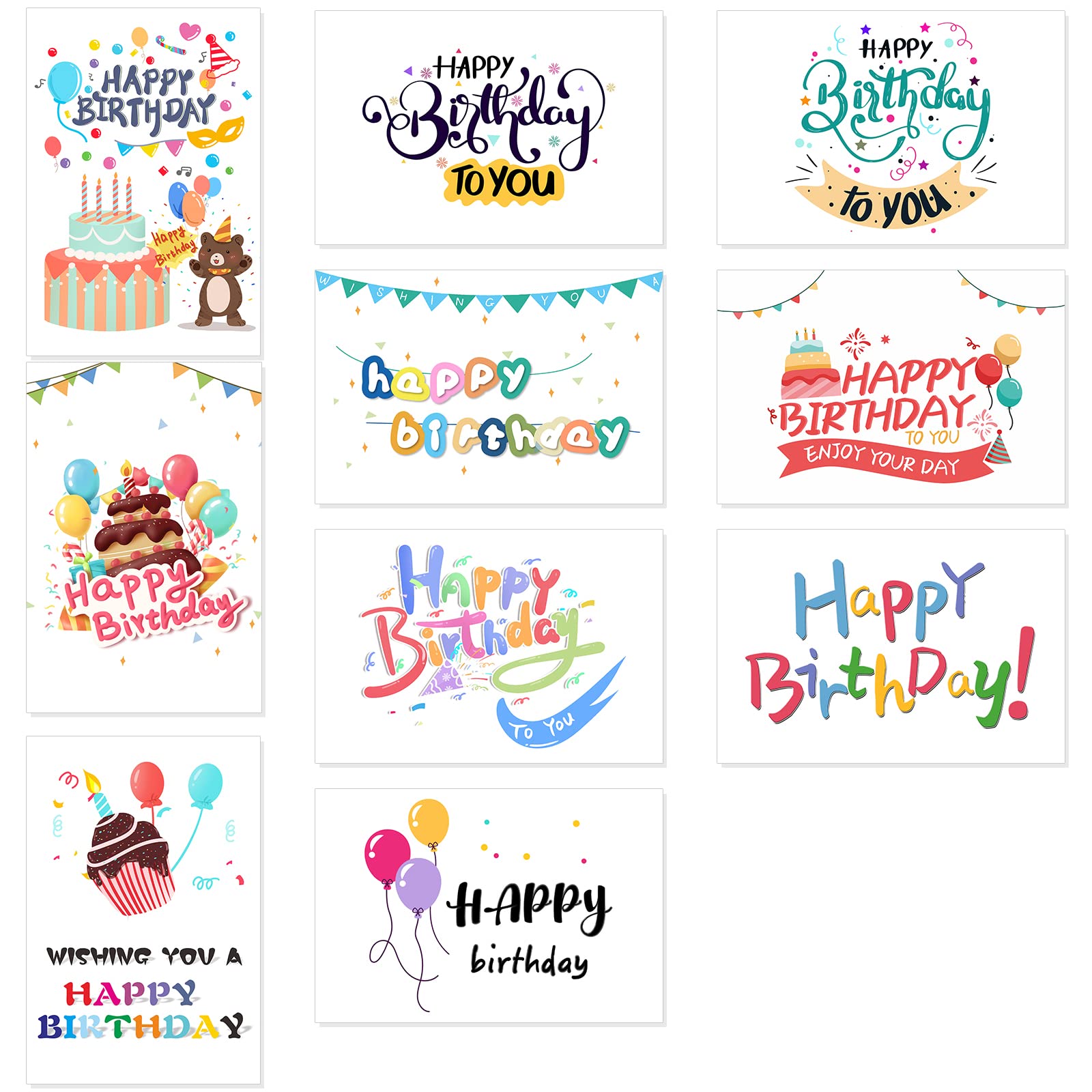 Photo 1 of 100 Pack Happy Birthday Cards - Bulk Set Includes 10 Unique Designs, 4 x 6 Inches for Kids & Adul
