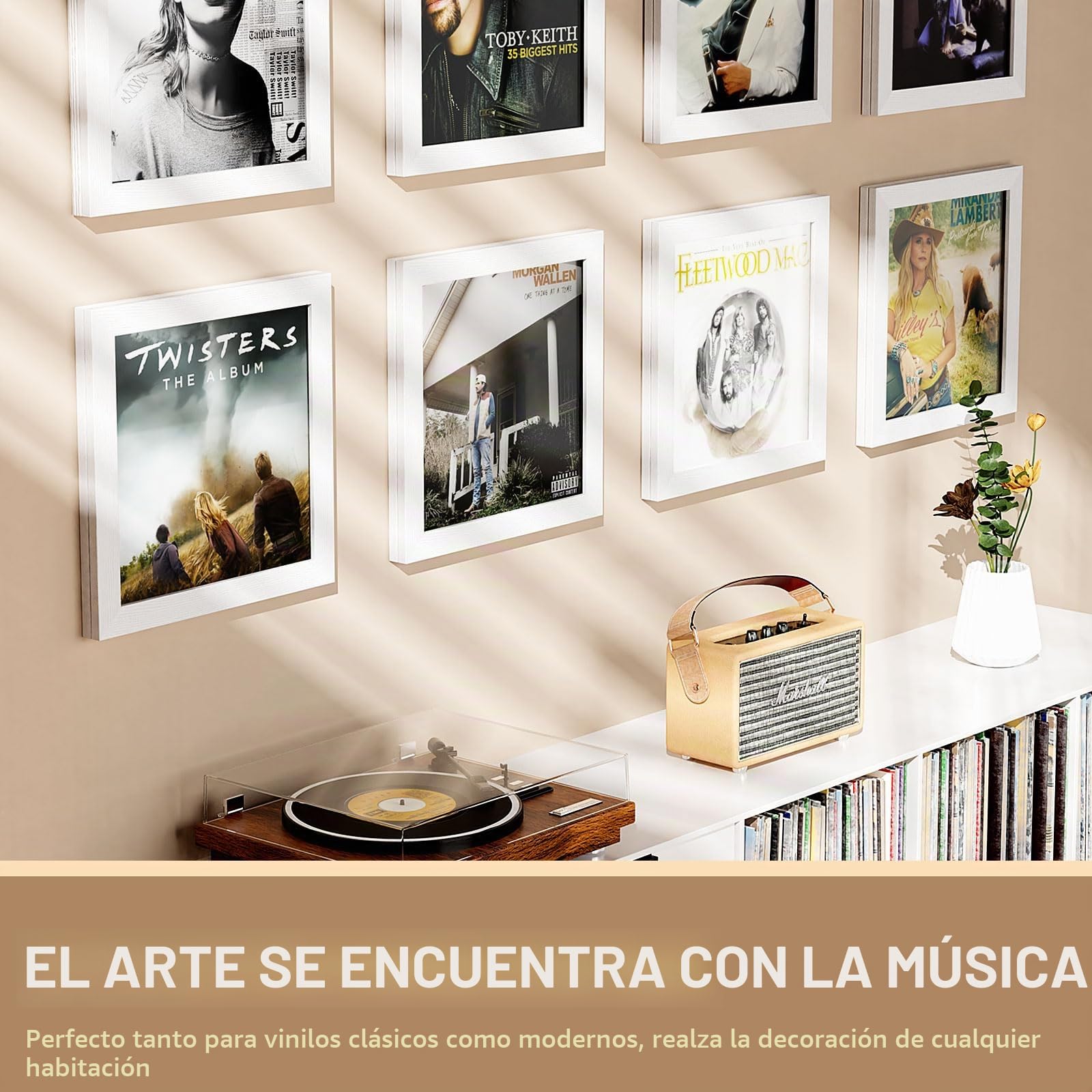 1 Pieza Porta Vinilo Mural, Apertura en la Pared Delantera, Marco de Madera para Foto Mueble Vinilo para Presentar los Discos Póster, para Exponer las Fundas de Discos de Vinilo 12x12 (Blanco