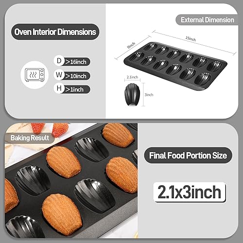 Miniatura 3 de Paquete de 2 moldes Madeleine para hornear, 12 cavidades resistentes en forma de concha para hornear, molde antiadherente para hornear galletas para