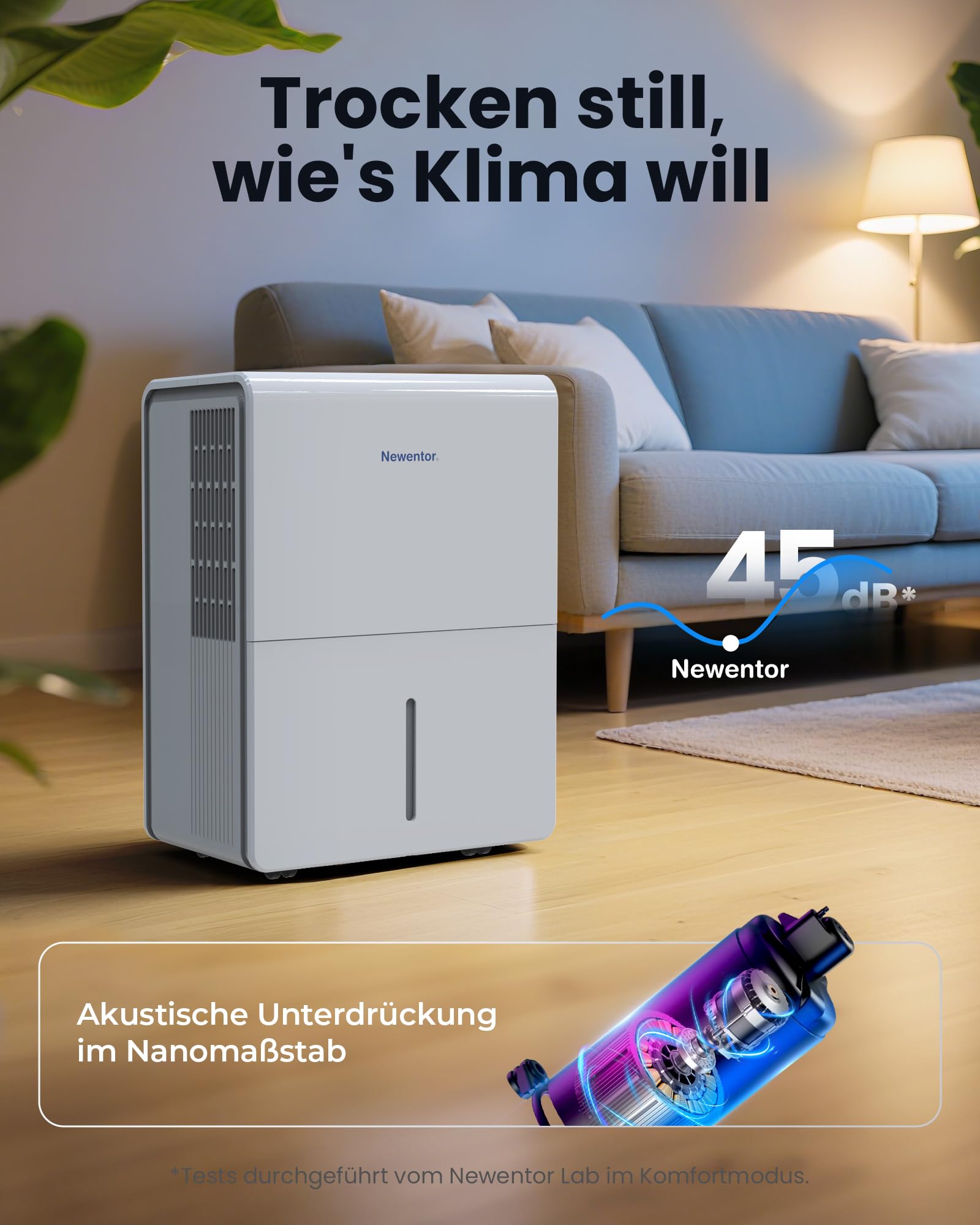 Newentor Deumidificatore 25 l/24 h, per ambienti 215 m³/80 m² - 3 volte riduzione del rumore - Chip a risparmio energetico - Facile da usare - Con tubo di scarico da 1 m e filtro rimovibile, timer