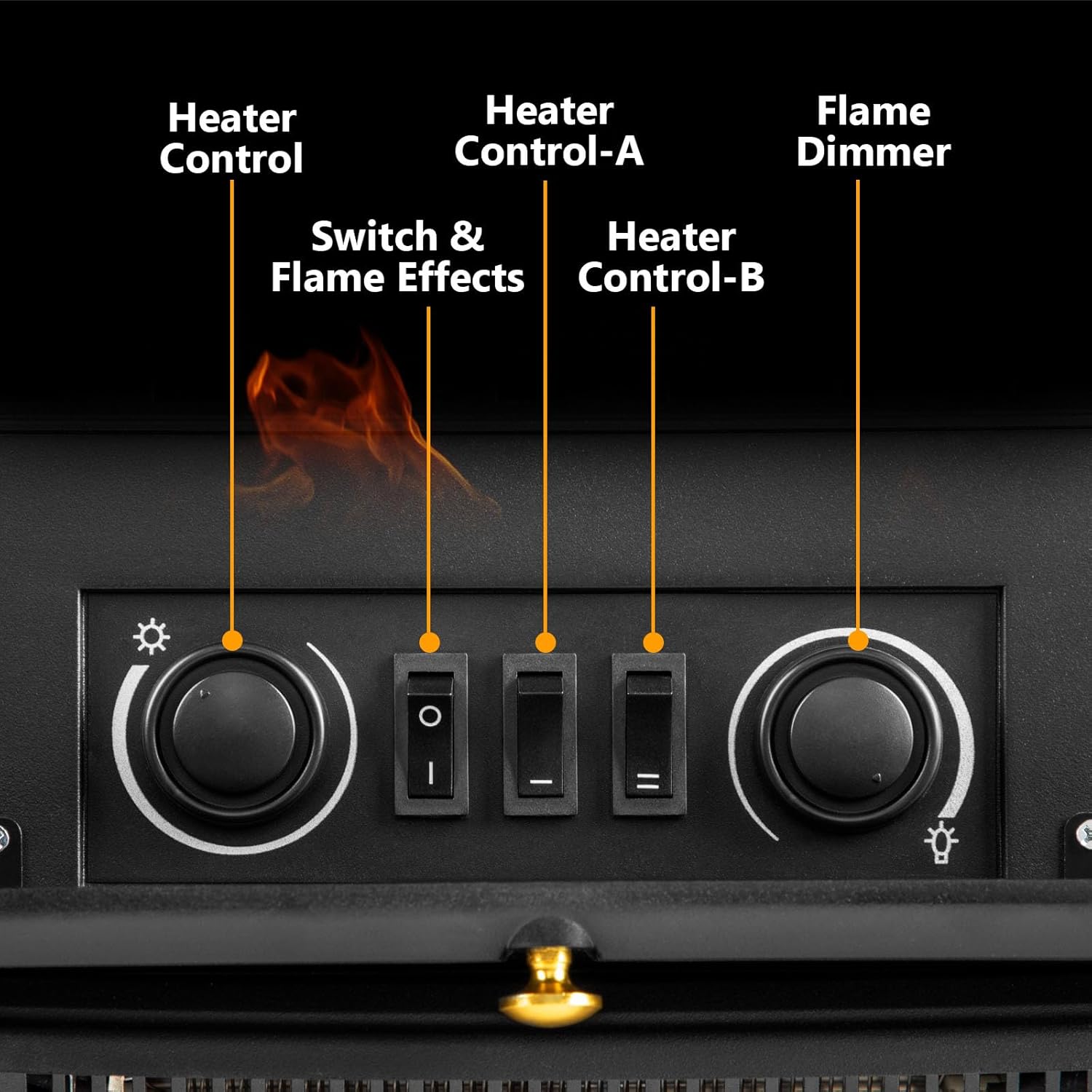 Close-up of the control panel on the Xbeauty Electric Fireplace Stove, showing a Heater Control dial, a Switch & Flame Effects button, Heater Control-A and Heater Control-B switches, and a Flame Dimmer dial.