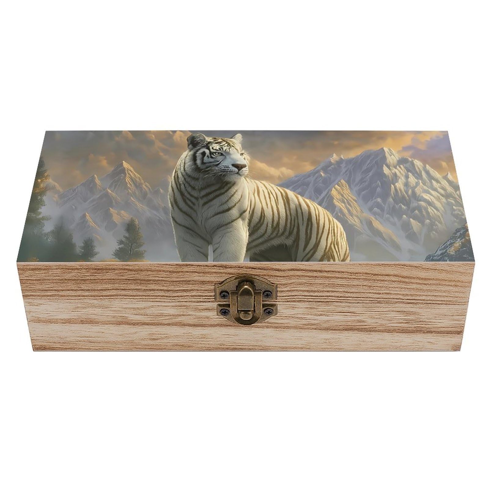 Oudrspo White Tiger & Mountain Retro Wooden Storage Box Keepsake Jewelry Decorative Art Storages Box Gift Boxs