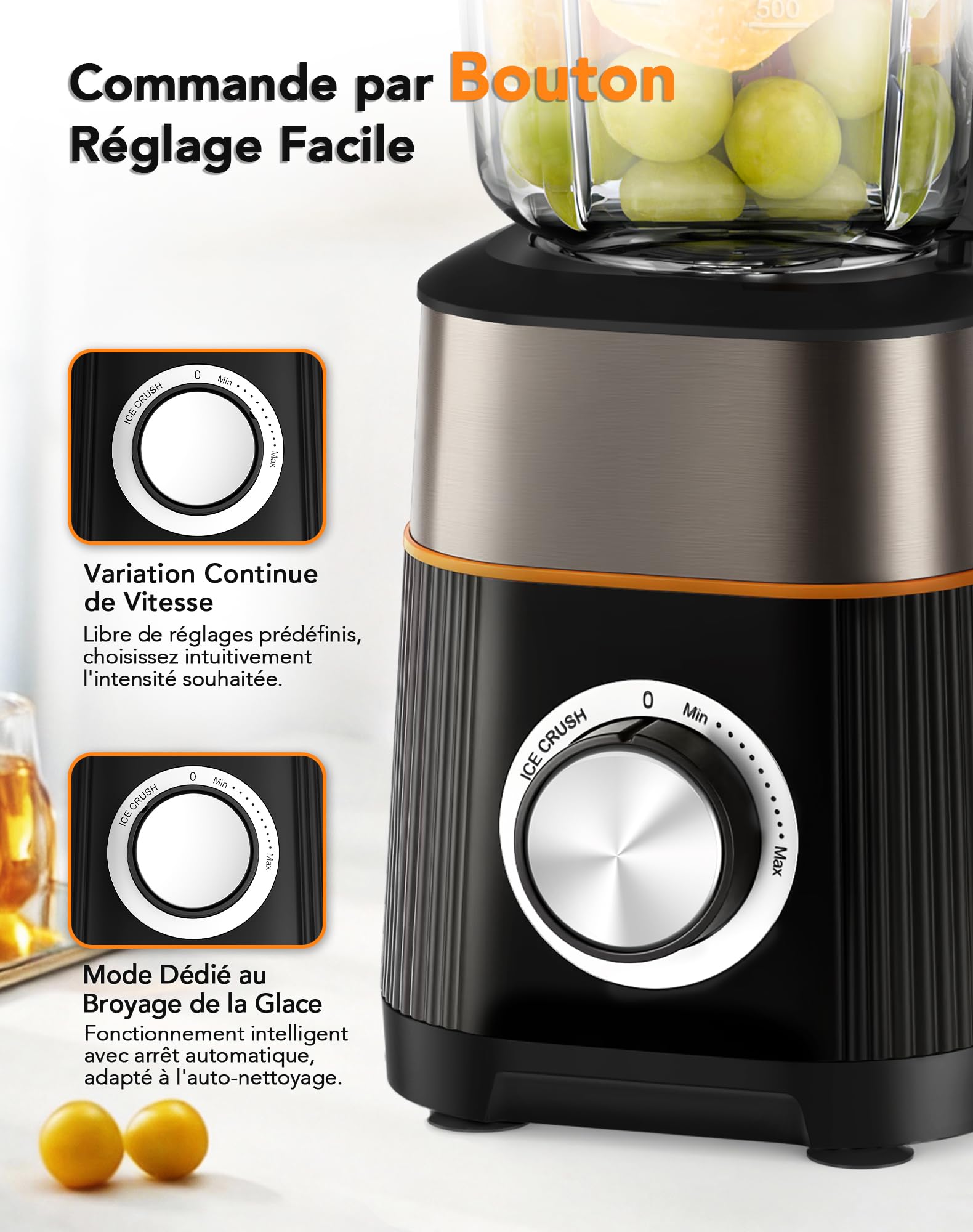 Blender, Mixeur 1000W, Blender Smoothie 2 en 1, Bol en Verre 1.5L + Bouteille Portable 600ml Sans BPA, Lames Inox 304 pour Glace, Auto-nettoyant, Réglage Continu Vitesse