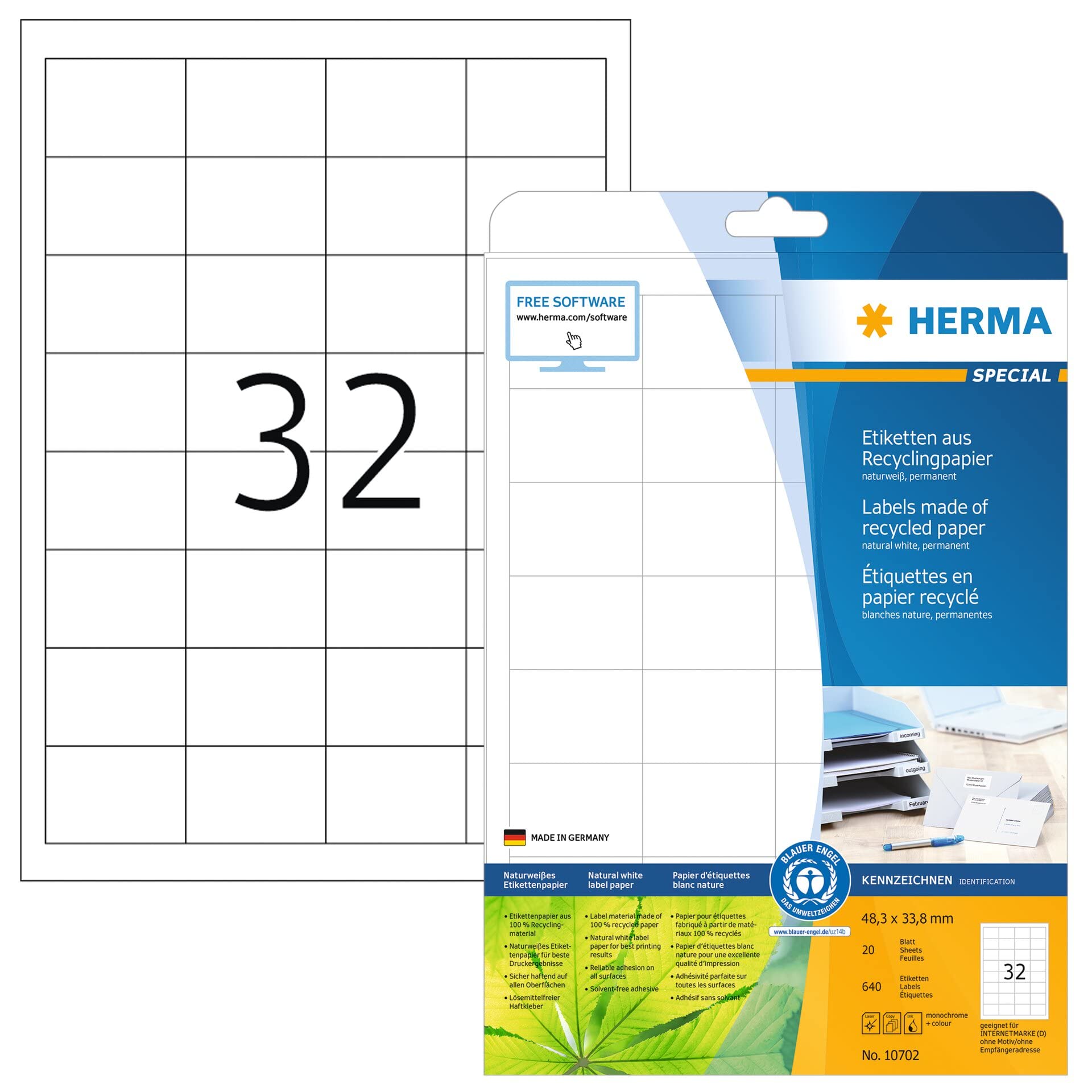 HERMA Self Adhesive Recycling Labels, 32 Labels per A4 Sheet, 20 Sheets, 48.3 x 33.8 mm, 640 Labels, 100% Recycled Paper Labels Stickers, Sticky Labels for Laser & Inkjet Printer, Natural White