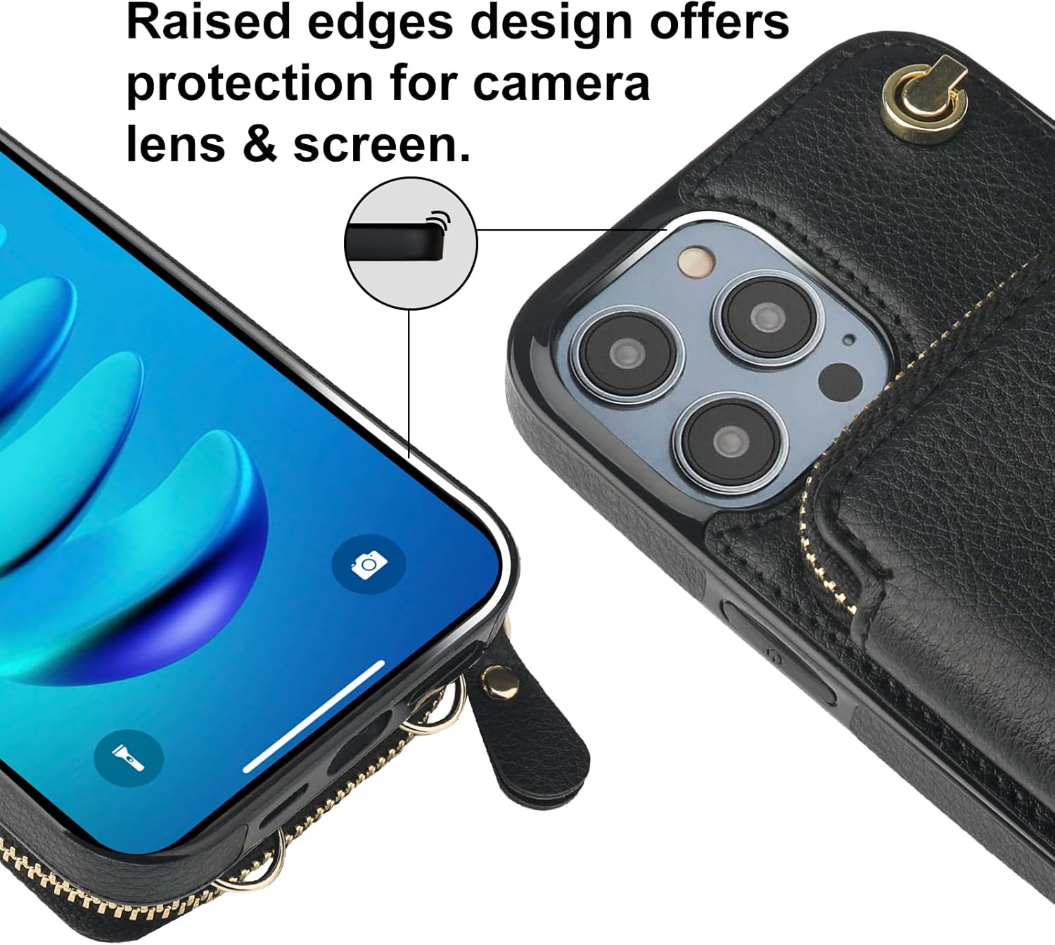 Bocasal Crossbody Wallet Case for iPhone 14 Pro, RFID Blocking Leather Purse Case with Card Holder, Protective Handbag Flip Cover with Slots Zipper Wrist Strap Lanyard for Women 5G 6.1 Inch (Black) - Image 7