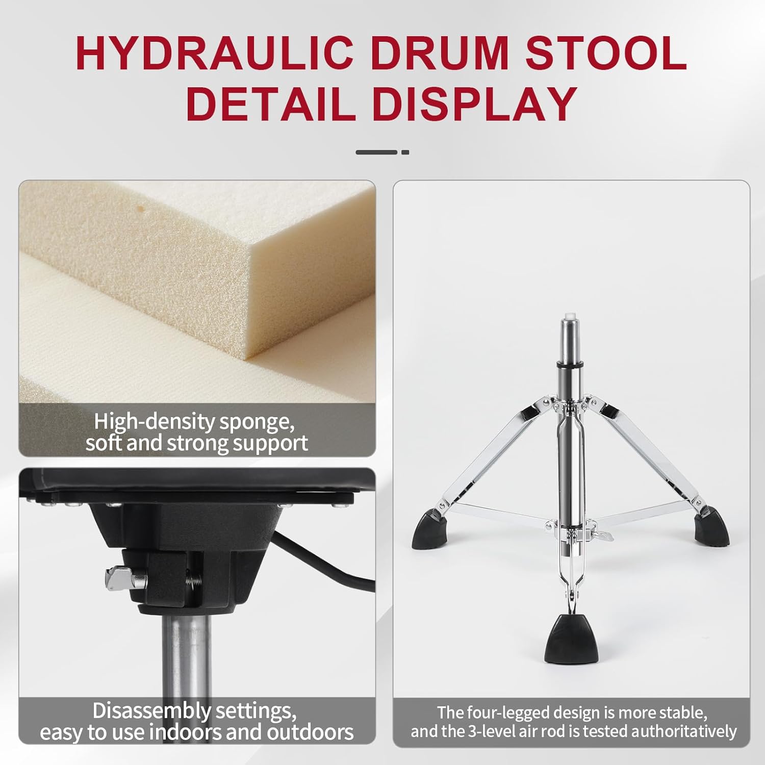 AKLOT Saddle Drum Throne, Hydraulic Drum Throne, Disassemble Heavy Duty Drum Seat, Height Adjustable Suede Drum Chair, Motorcycle Style Drum Stool for Adults Drummers Red