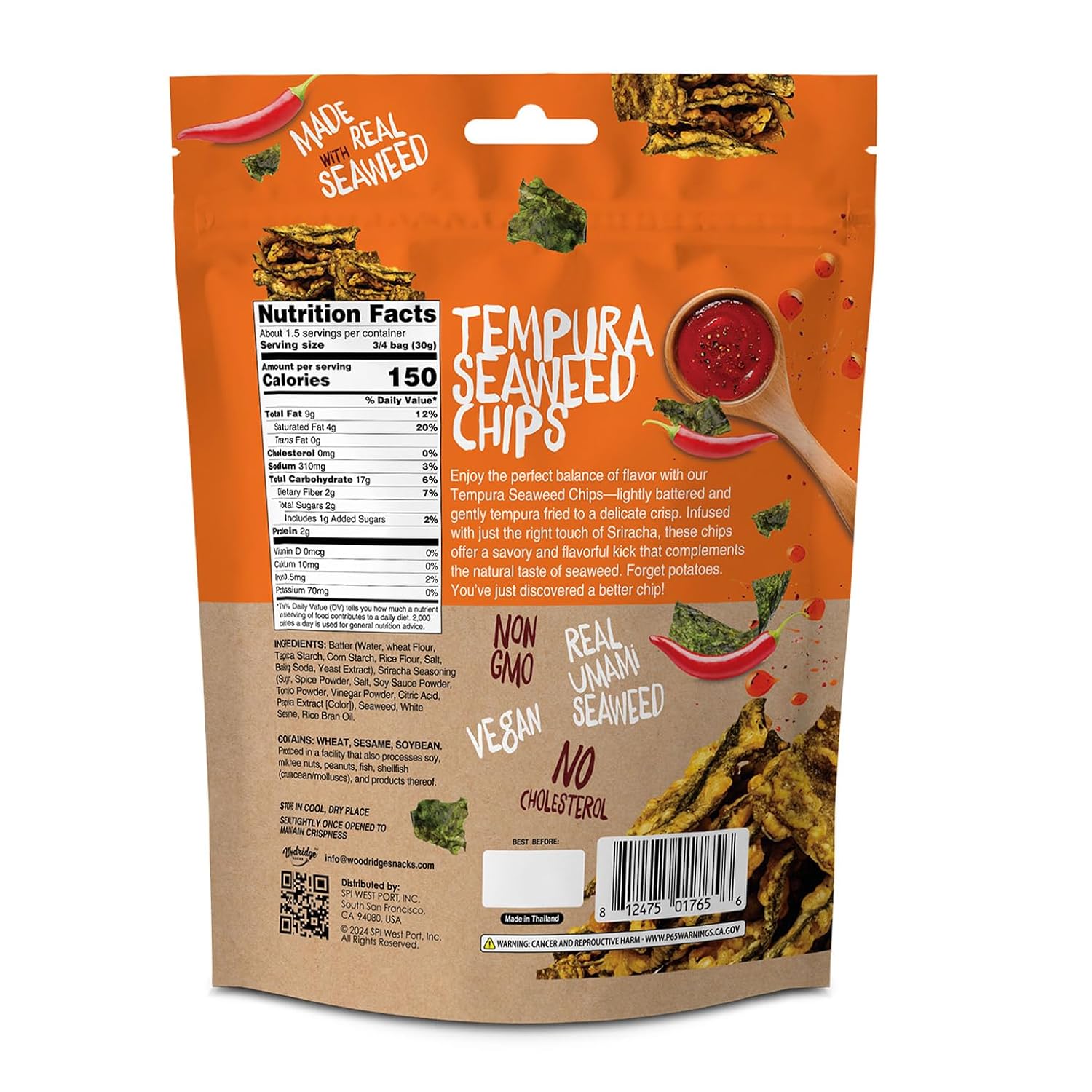 Woodridge Snacks | Tempura Seaweed Chips | Sriracha Flavor | 12 Pack | 1.41 OZ (40g) Bags