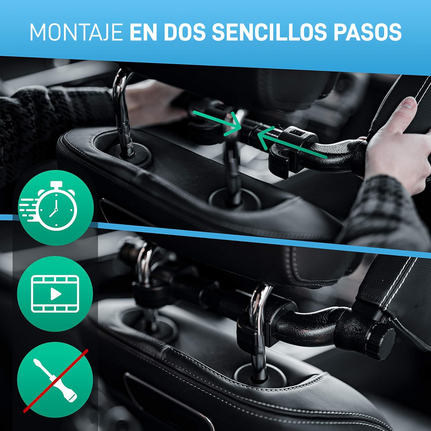 FLIPLINE Reposacabezas de coche para niños Costuras negras Sensación de viaje cómoda para niños y adultos - Se instala en 2 minutos sin destornillador - Reposacabezas de coche