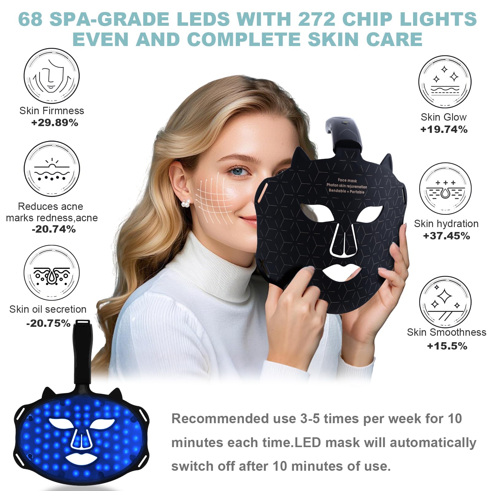 Maschera LED Viso con 4 Colori,Maschera per Viso della Luce Rossa,Red Light Face Mask con 3 Modalità di Cura della Pelle,LED Mask Infrarossi Antirughe Anti-acne,per Tutti i Tipi di Pelle a Casa