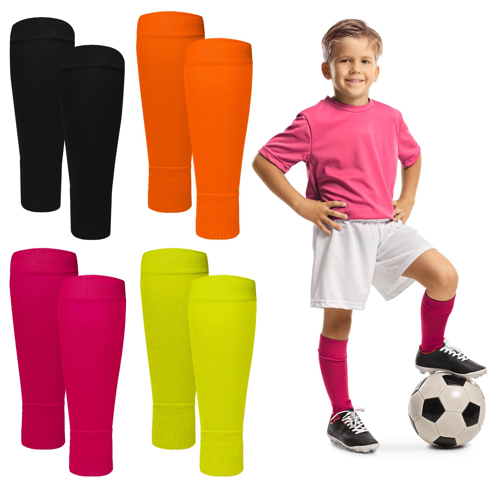 Fluoreszenz Farbe Atmungsaktiv Schienbeinschoner Socken - 4 Paare Saugfähig Fußball Sleeve, Stutzen Kinder Fußball, Stutzen Ohne Socken, Unisex Fußball Schienbeinschoner Halter für Jungen Mädchen