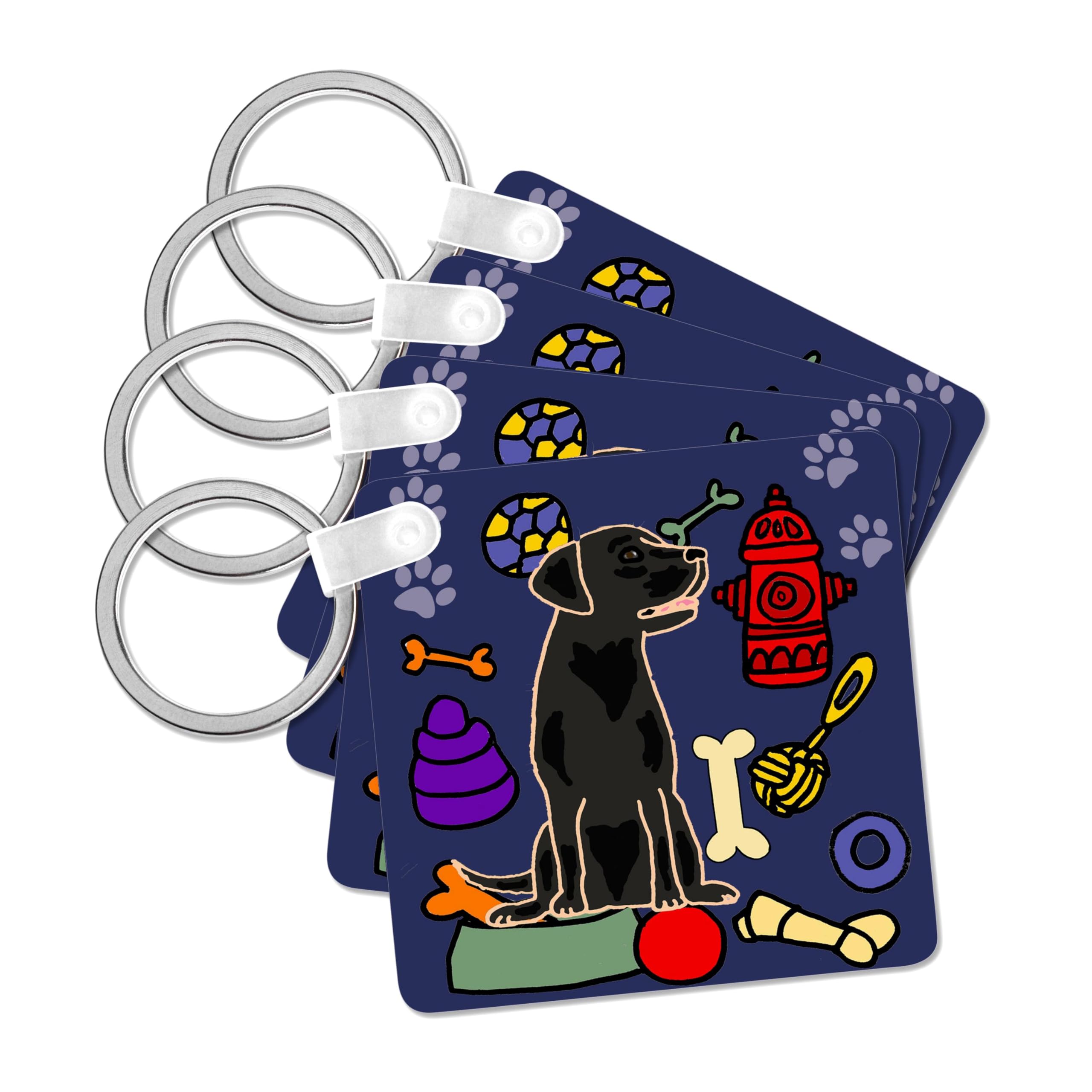 3dRose, Funny Cute Black Labrador Retriever Puppy Dog and Dog Toys Cartoon, set of 6 Key Chains