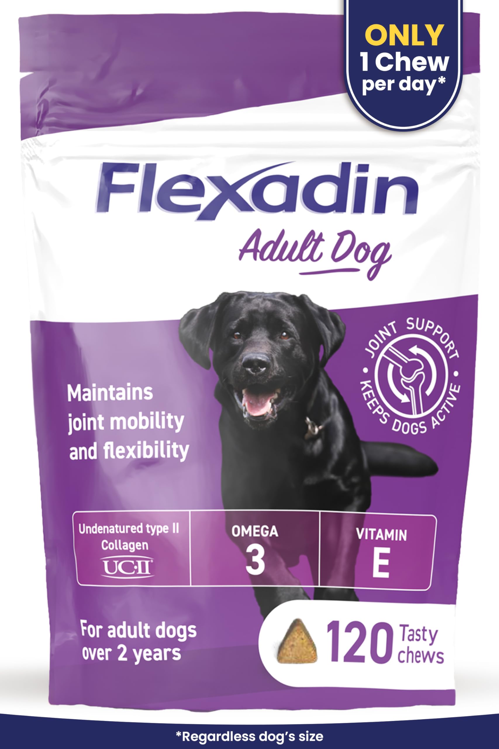 Flexadin Adult Dog Joint Supplement containing UC-II | Designed to aid Mobility & Flexibility | Natural Ingredients Omega 3 & Vit E | Aged 2+ | 120 Chews