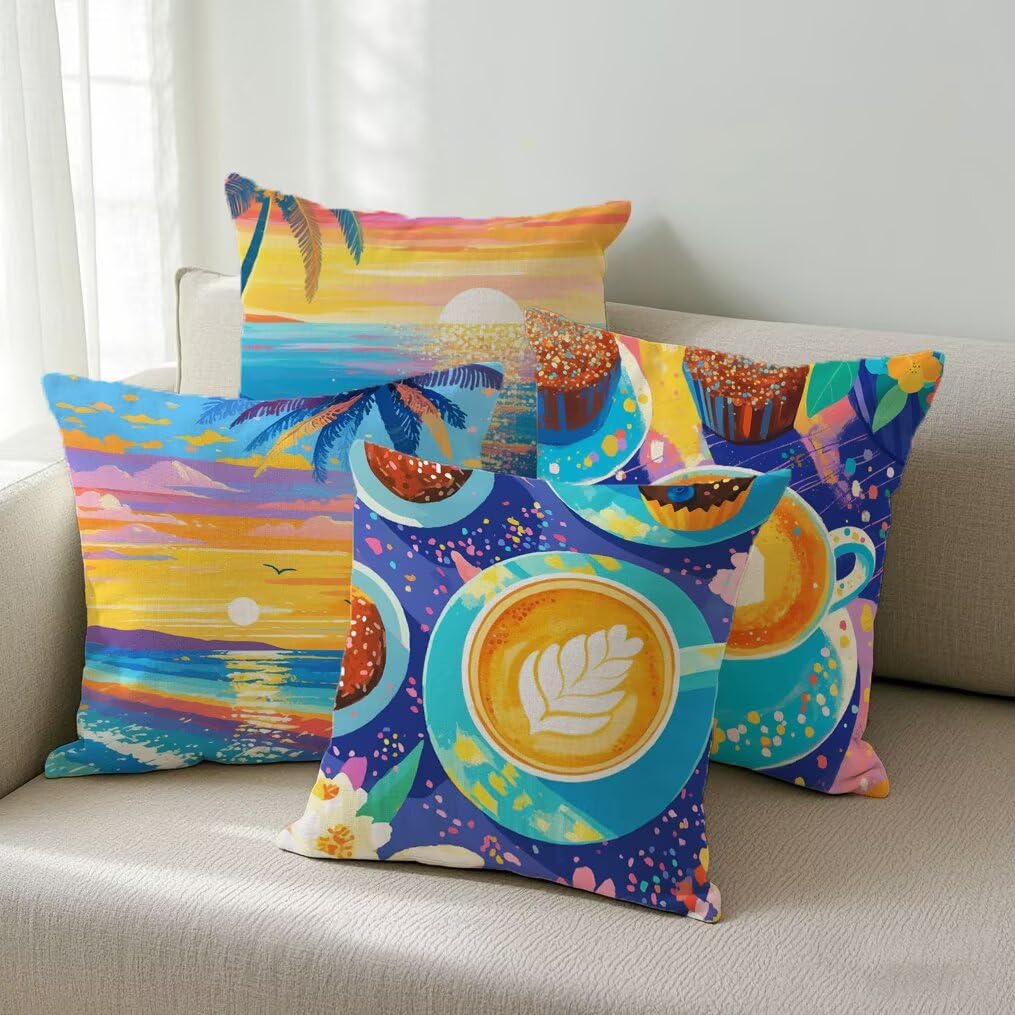 Lot de 4 Housse de Coussin 45x45cm,Housse de Canapé Été Motif Décoratif Imperméable Lin Taie d'oreiller avec Fermeture Éclair Invisible,Salon Chambre à Coucher Décoration de Maison Jardin,Café Ym551