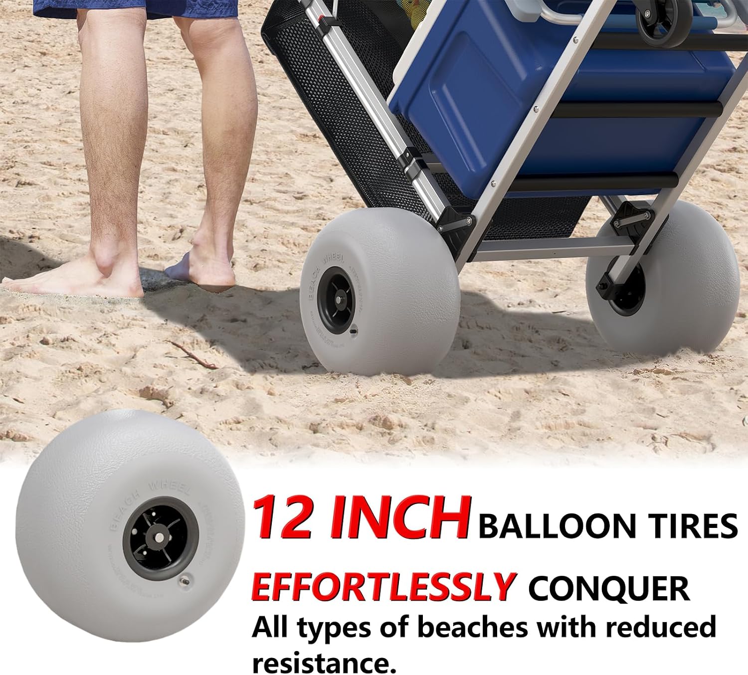 GDLF Beach Cart for All Types of Sand, Foldable Beach Cart with Adjustable Handle and 12" Balloon Wheels, Heavy Duty Aluminum Sand Wagon 220LBS Loading Capacity and Large Cargo Deck 29.5" x 16"