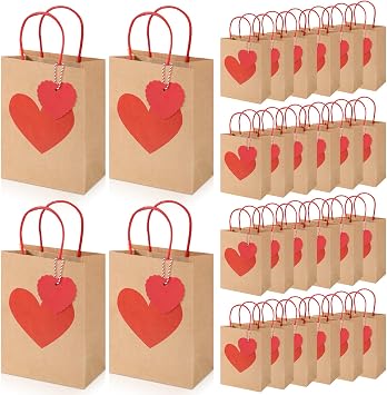 Bakbania 24 Pack Valentine's Day Heart Gift Bags with Handles and Heart Tags Kraft Paper Gift Bags for Valentine Anniversary Wedding