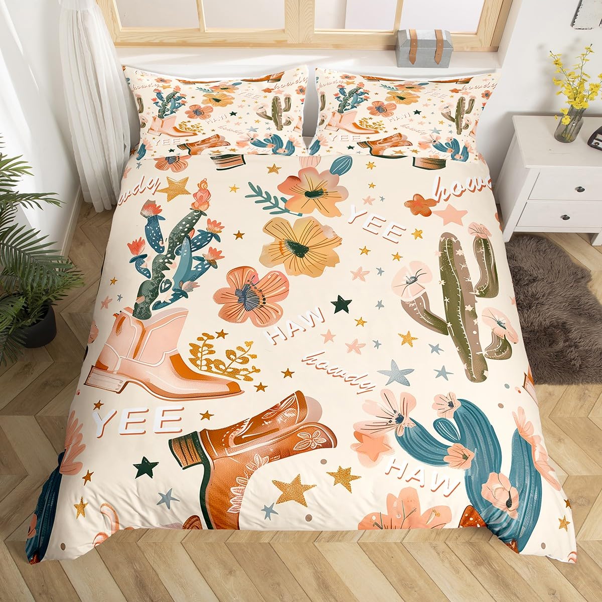 feelingyou Cowboy Duvet Cover Double Size,Cowboy Boots Comforter Cover for Kids Teens Adults Bedroom Decor,Wild West Cactus Flower Cowgirl Bedding Set 2 Pillowcases,No Comforter