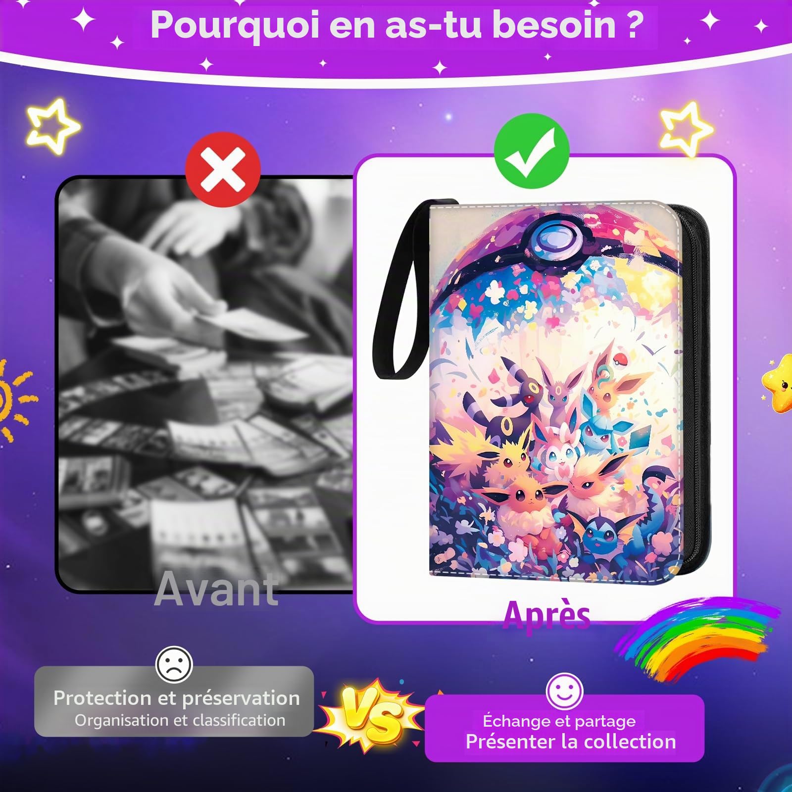Album de cartes à collectionner - 50 pages - 900 cartes - Étanche - Avec fermeture éclair - Portable - Cadeau pour enfants