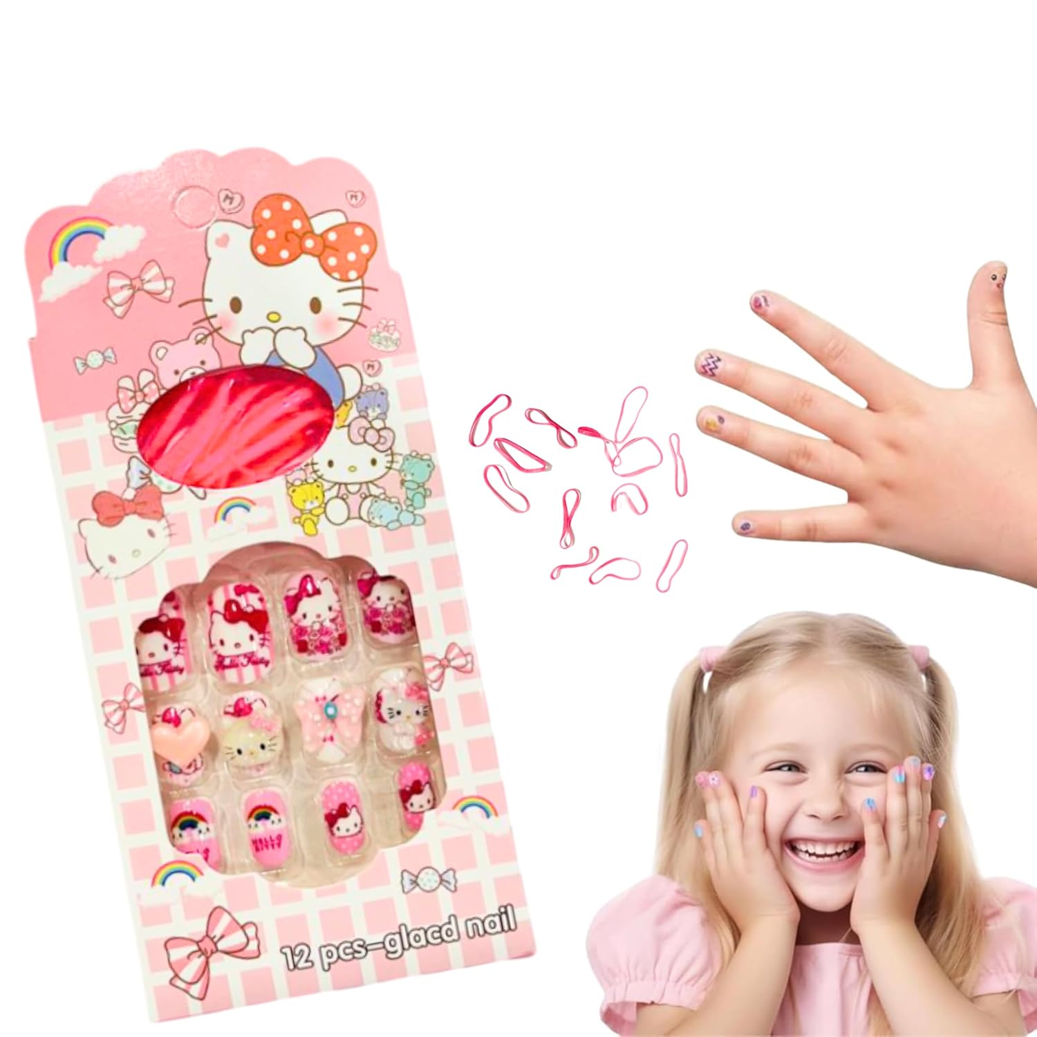 Apeak Press On Nails for Kids – 12pcs nails with Hair Bands Reusable Cute Cartoon Fake Nails with Jelly Glue, Short Safe Artificial Nails for Girls, DIY Nail Art Kit for Birthday Gifts & Party Fun – Multicolor