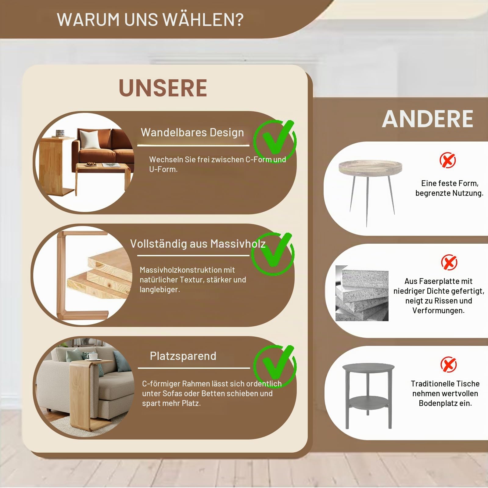 Beistelltisch Couch, Stabiler U/C-Tisch aus massiver Eiche, Oberfläche geschliffen und lackiert, flexibel neben Sofa oder Sessel nutzbar