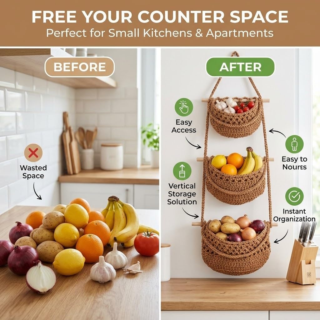 3 Tier Hanging Fruit Basket for Kitchen, Wall Mounted Cotton Rope Produce Storage Organizer, Boho Farmhouse Decor, Space Saver for Small Kitchens, Pantry, Bathroom, RV, Plant & Vegetable Storage