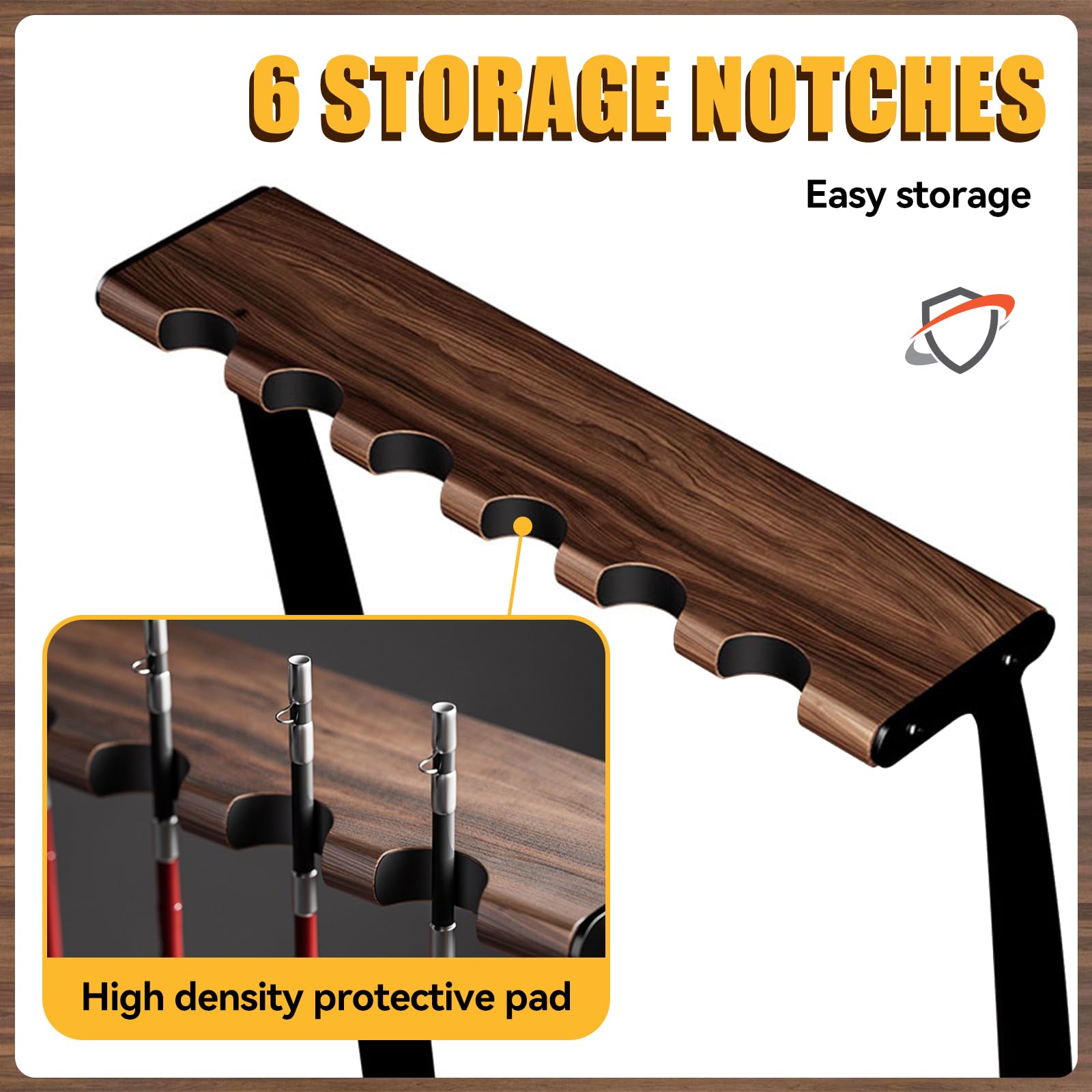 Tcakelox Fishing Rod Holder for 6 Rods, Fishing Pole Holder for Garage Organization and Storage, for Fishing Reels, Bamboo Material and Walnut Wood (Walnut)