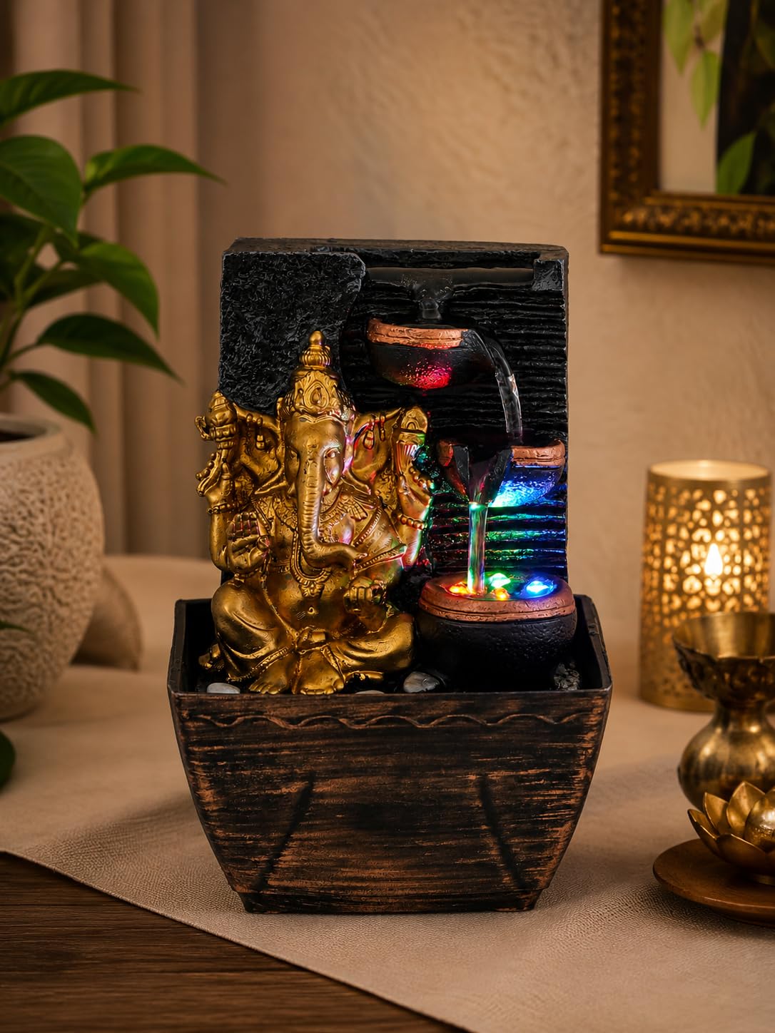CHRONIKLE Dark Grey Polyresin Tabletop Ganesha 3 Step Indoor Water Fountain for Home Decor with LED, Speed Control Pump (Size: 7 x 5 INCH | Weight: 680 Gram)-image-38