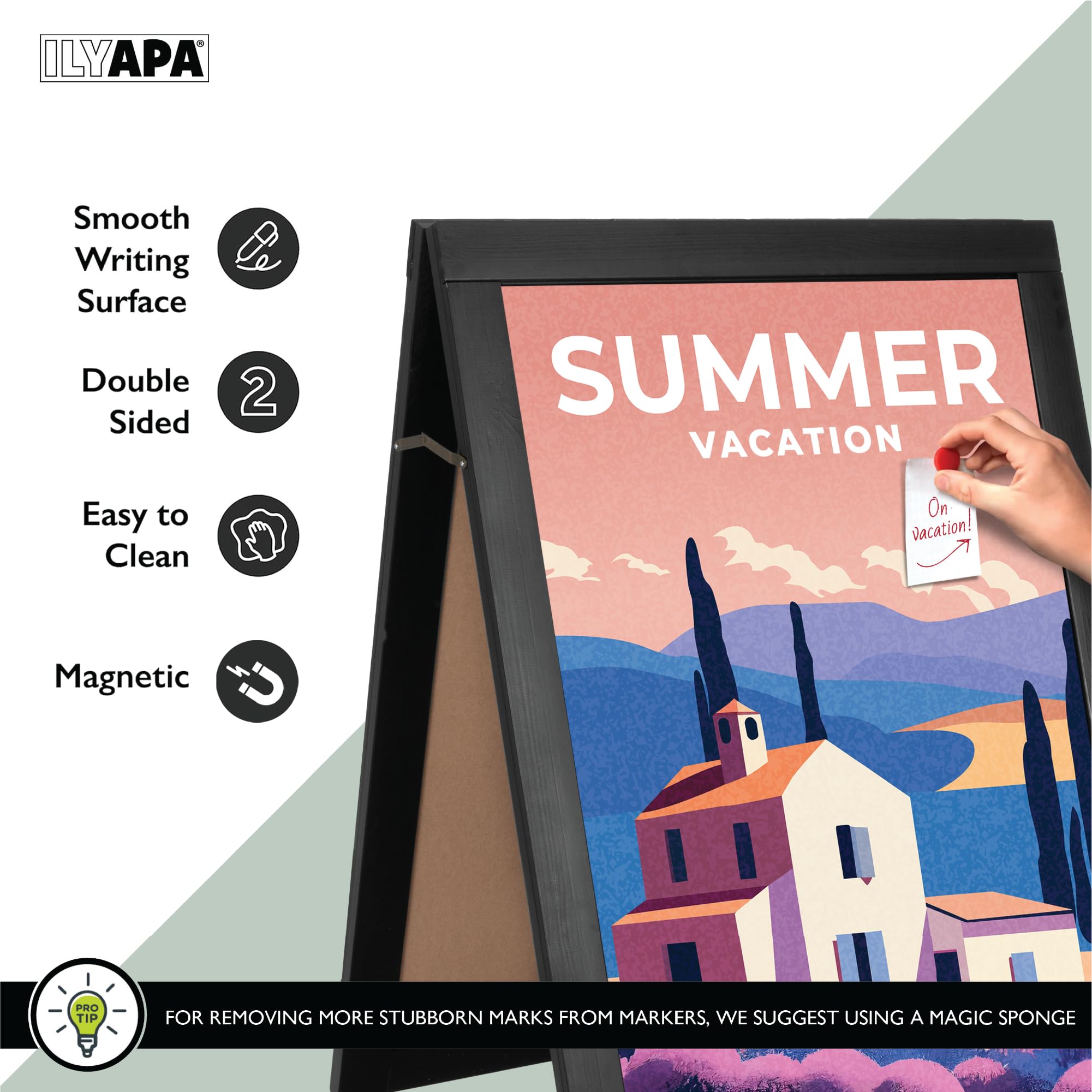 Ilyapa Soporte 2 en 1 con marco en A y caballete de pizarra, pizarra magnética de doble cara y soporte para pósteres, exhibición de carteles publicitarios para empresas y proveedores al aire libre, 28